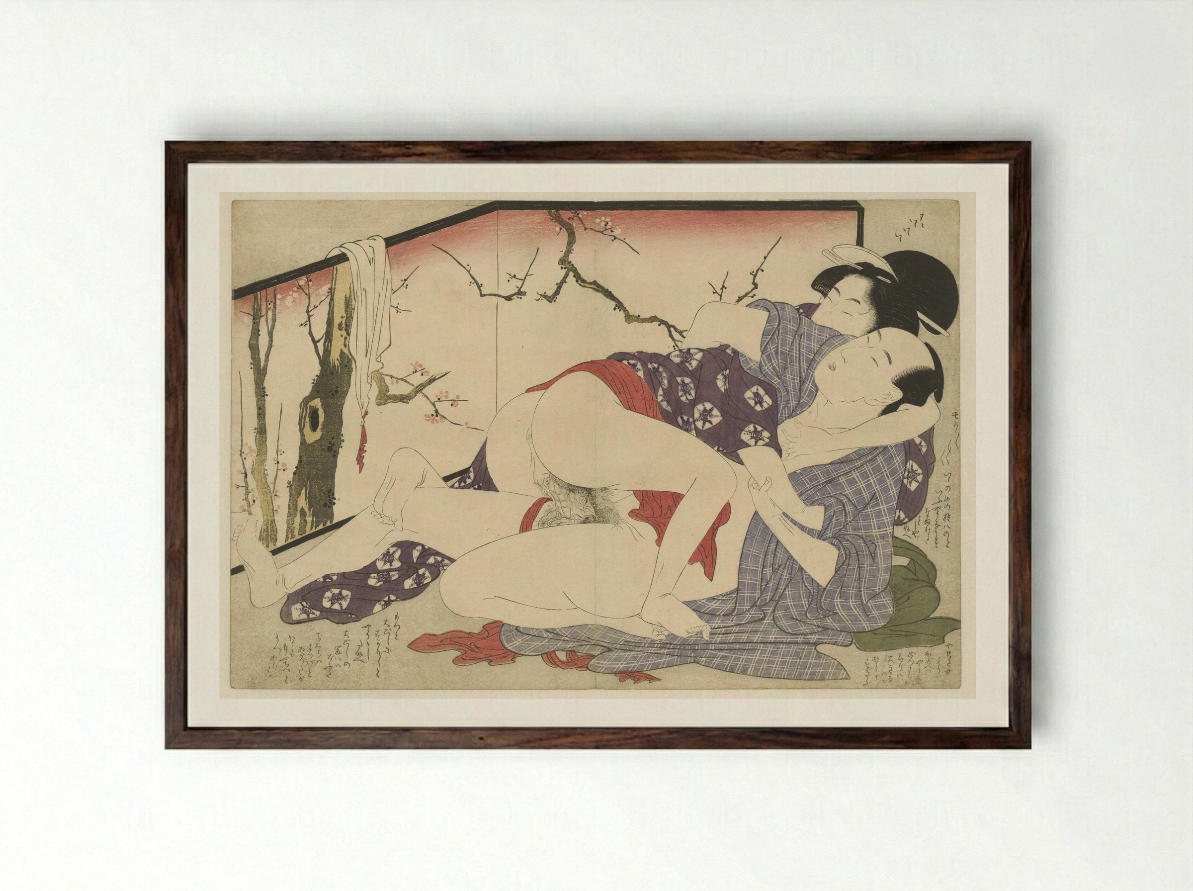 Lovers Beside a Folding Screen - Kitagawa Utamaro - Framed Print Dark Wood