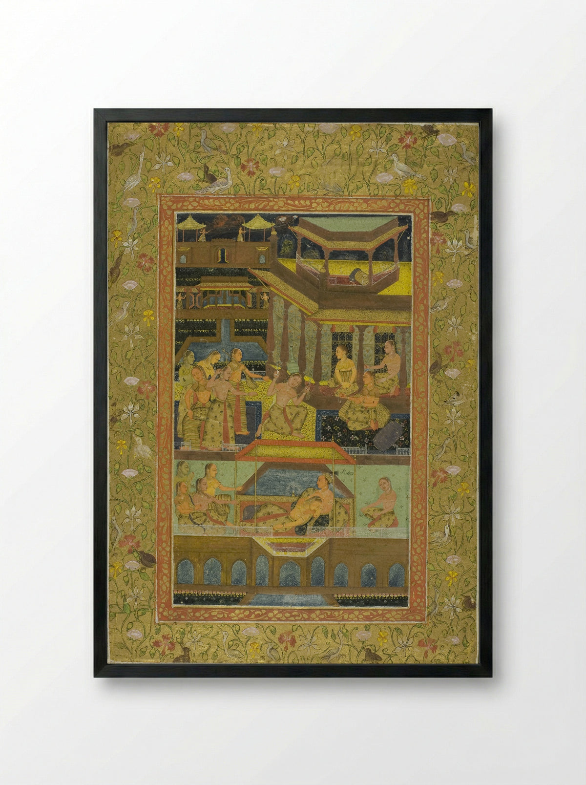 Lovers in a Zenana Garden at Night - Mughal School - Framed Print Black