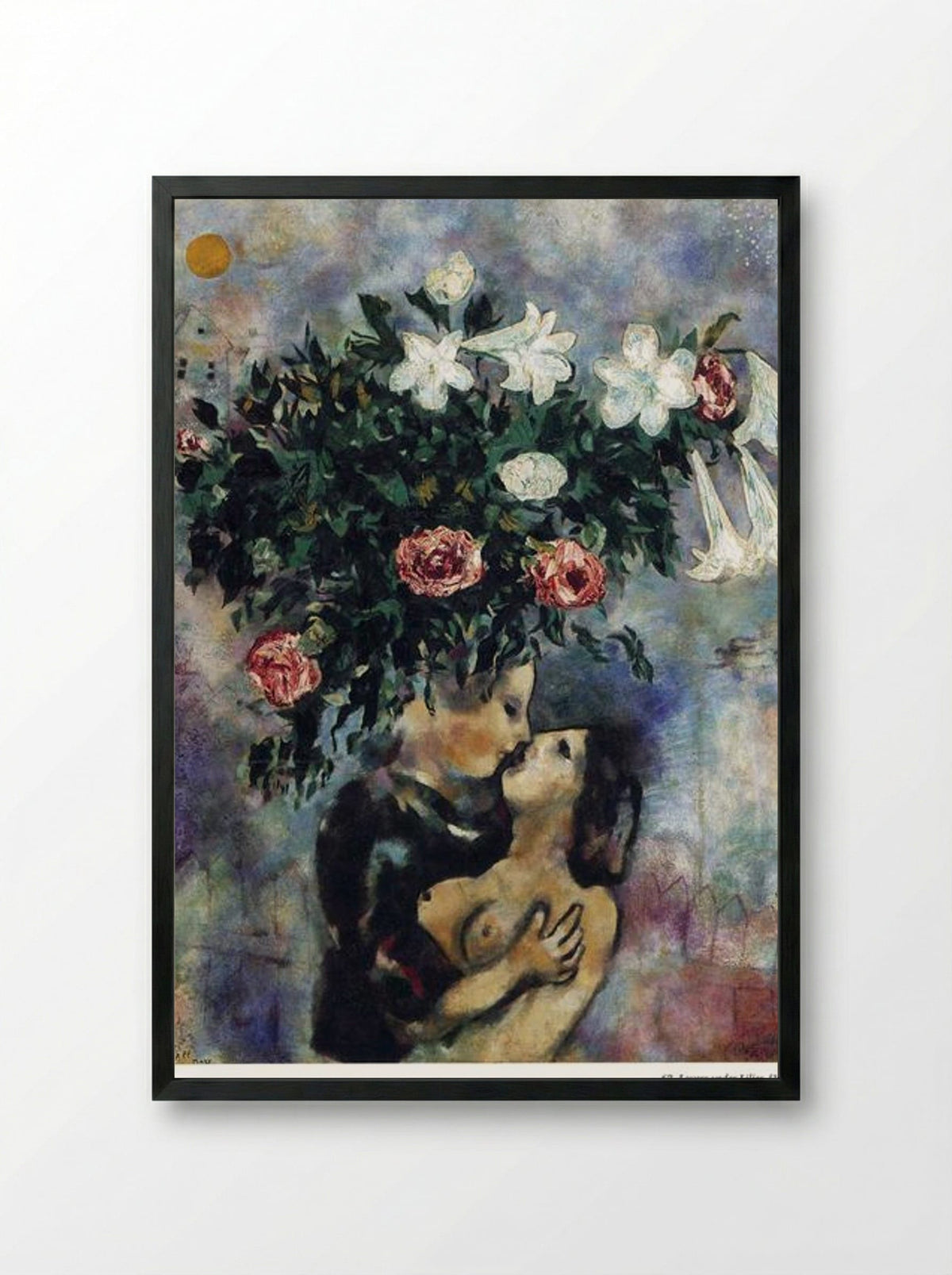 Lovers under Lilies - Marc Chagall - Framed Print Black