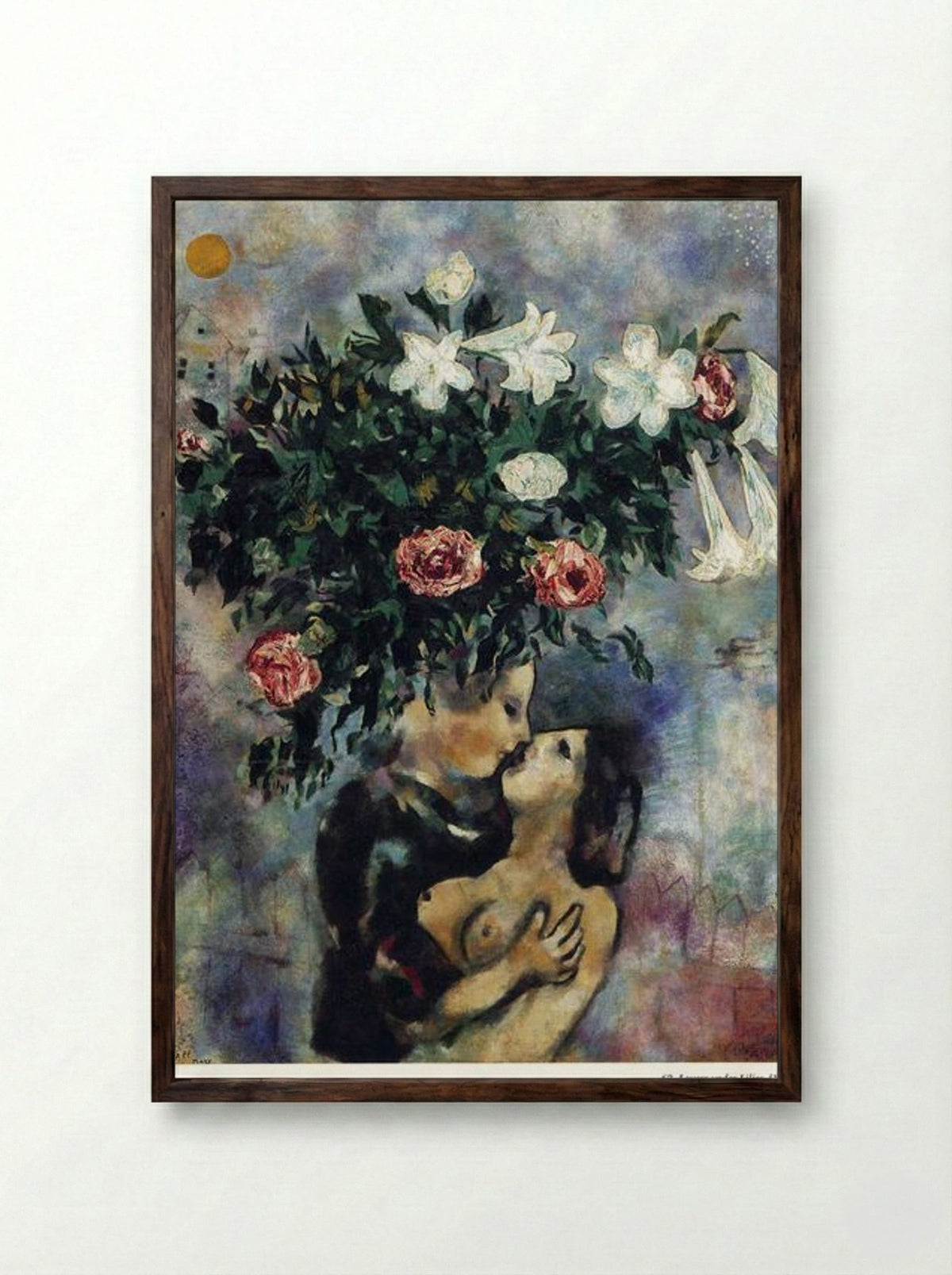 Lovers under Lilies - Marc Chagall - Framed Print Dark Wood