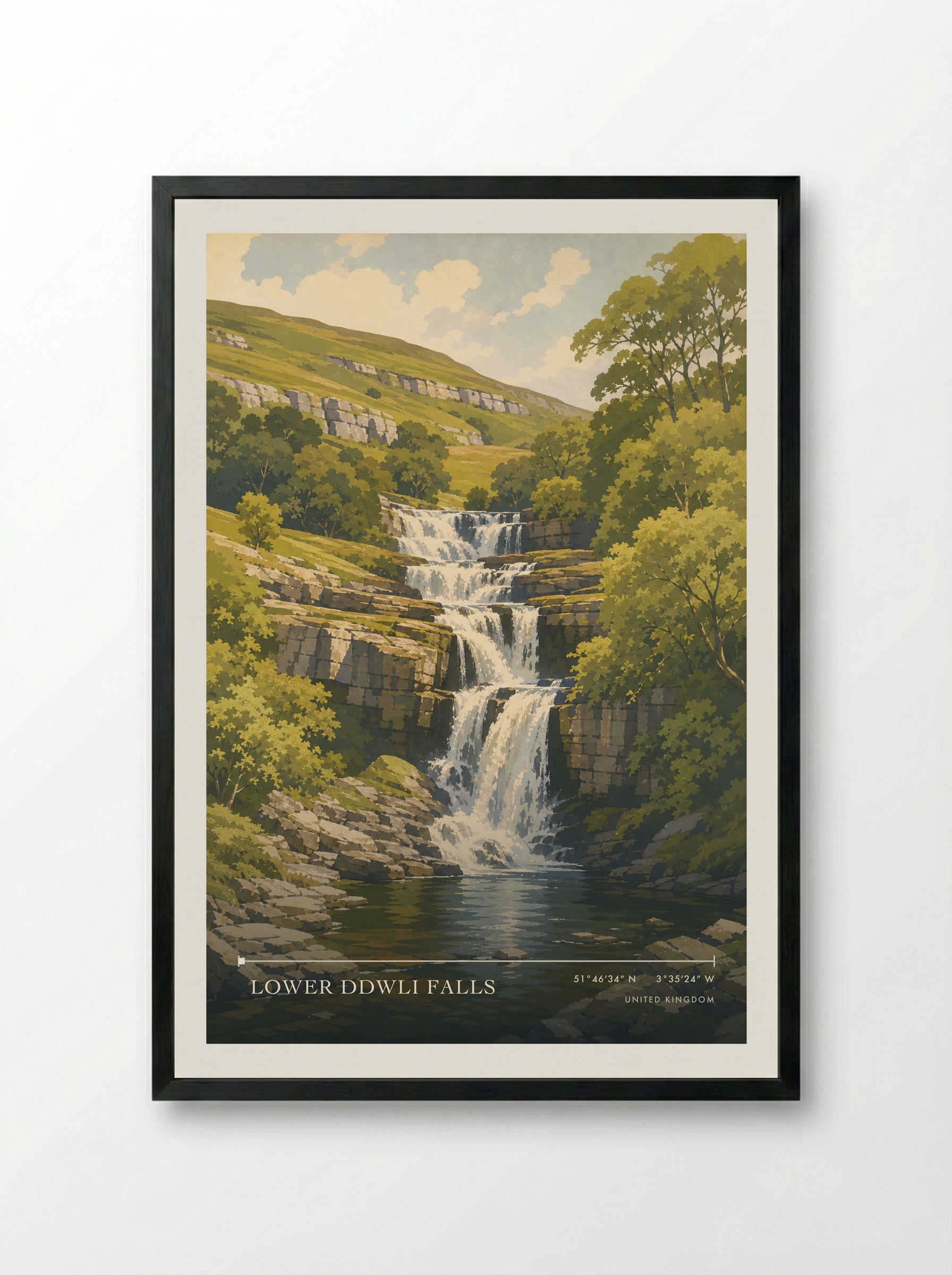 Lower Ddwli Falls United Kingdom Travel Poster - Framed Print Black