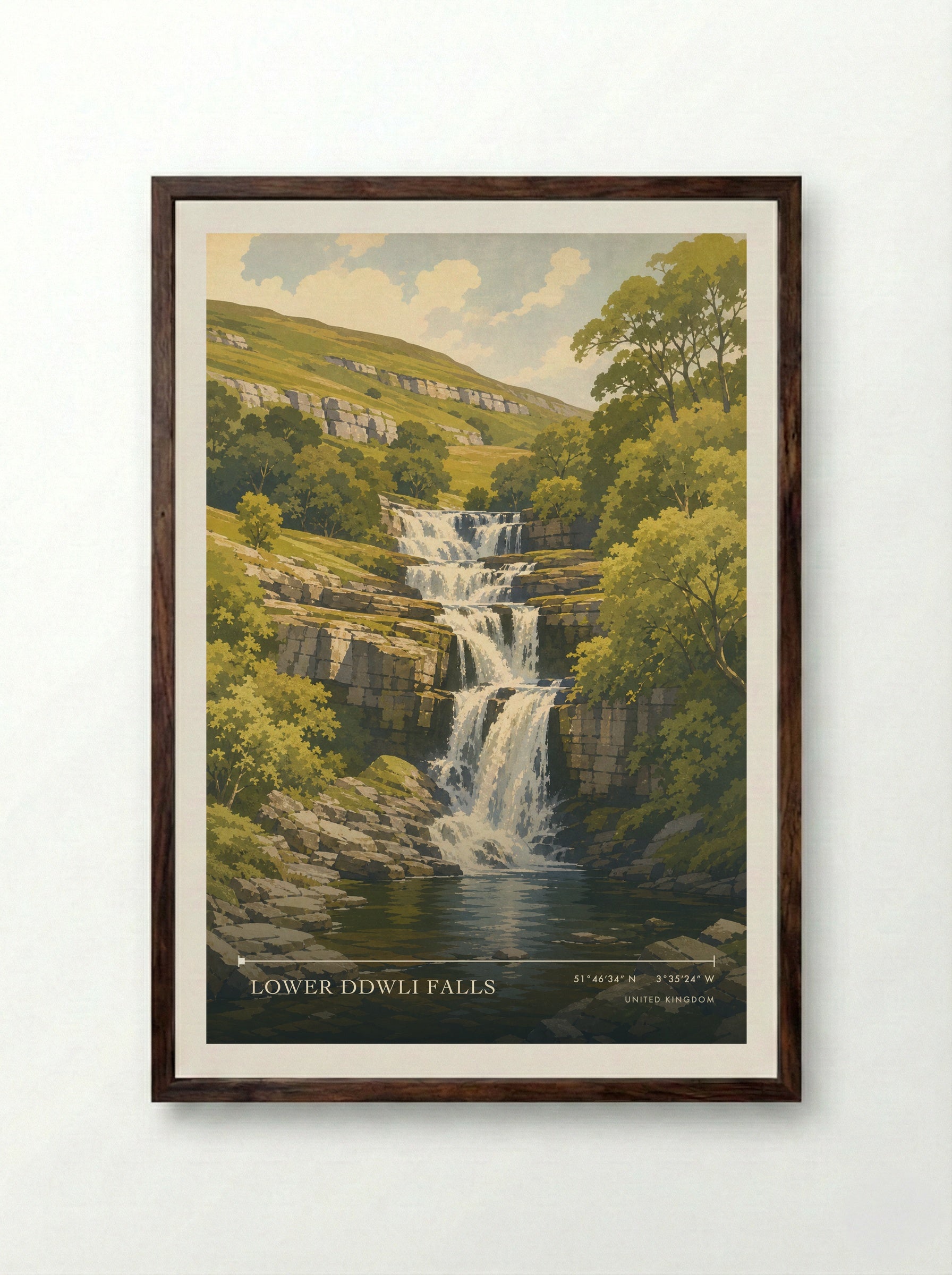 Lower Ddwli Falls United Kingdom Travel Poster - Framed Print Dark Wood