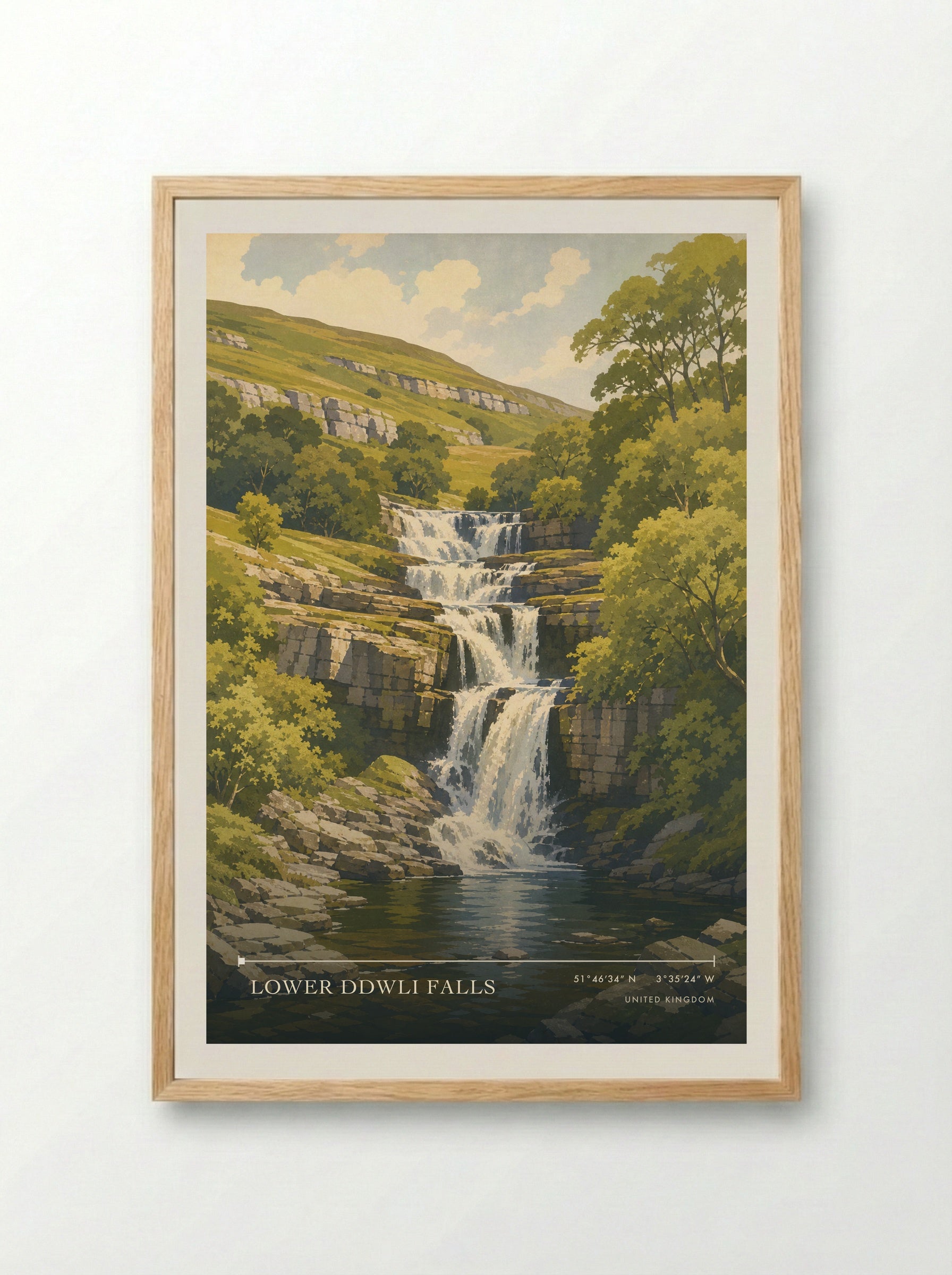 Lower Ddwli Falls United Kingdom Travel Poster - Framed Print Wood