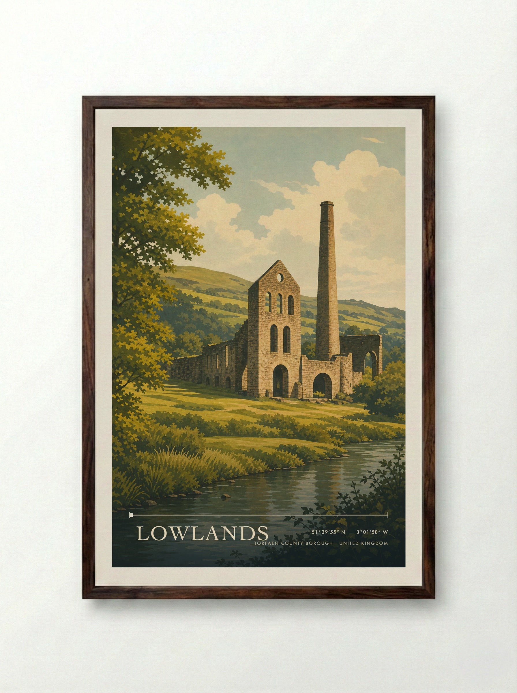 Lowlands Torfaen County Borough United Kingdom Travel Poster - Framed Print Dark Wood