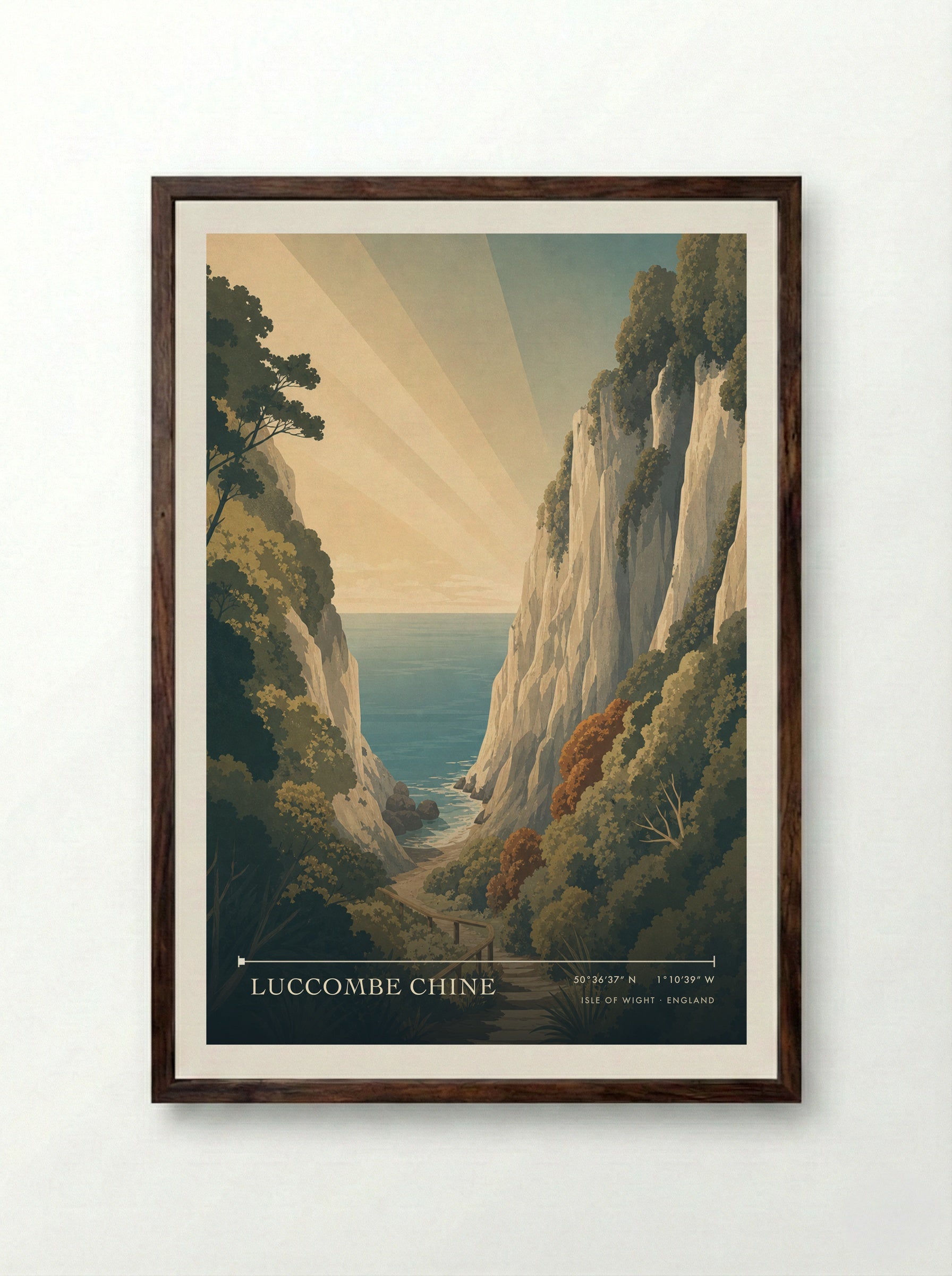 Luccombe Chine Isle of Wight England Travel Poster - Framed Print Dark Wood
