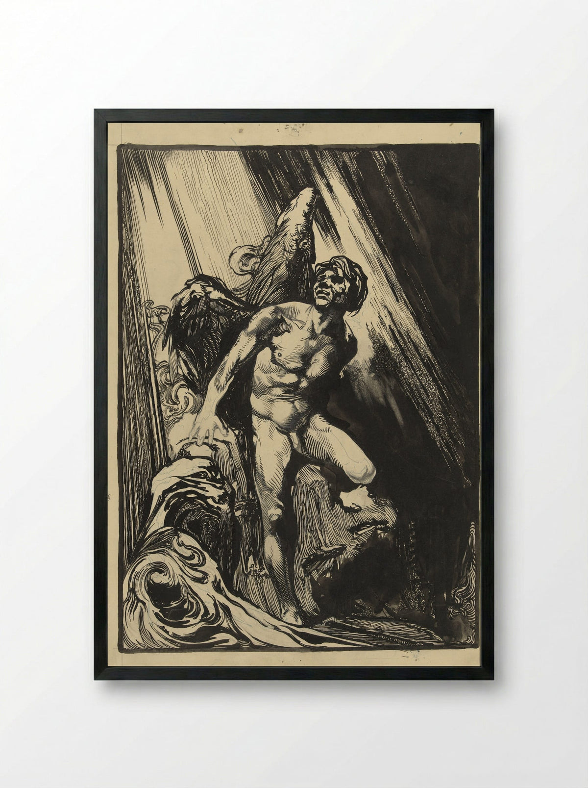 Lucifer in a Rocky Landscape by a Stream, Looking Up at the Light - Johannes Josephus Aarts - Framed Print Black