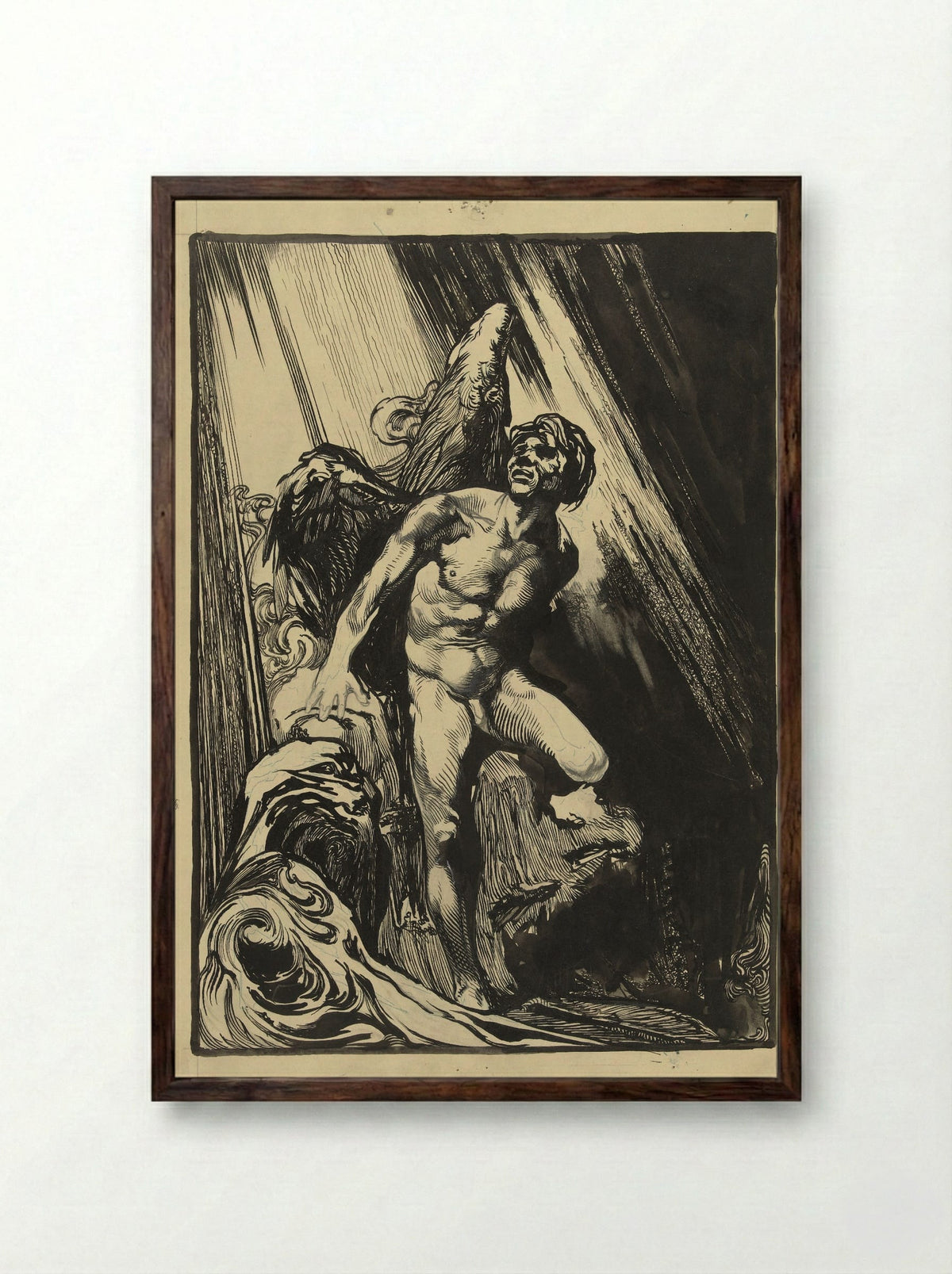 Lucifer in a Rocky Landscape by a Stream, Looking Up at the Light - Johannes Josephus Aarts - Framed Print Dark Wood