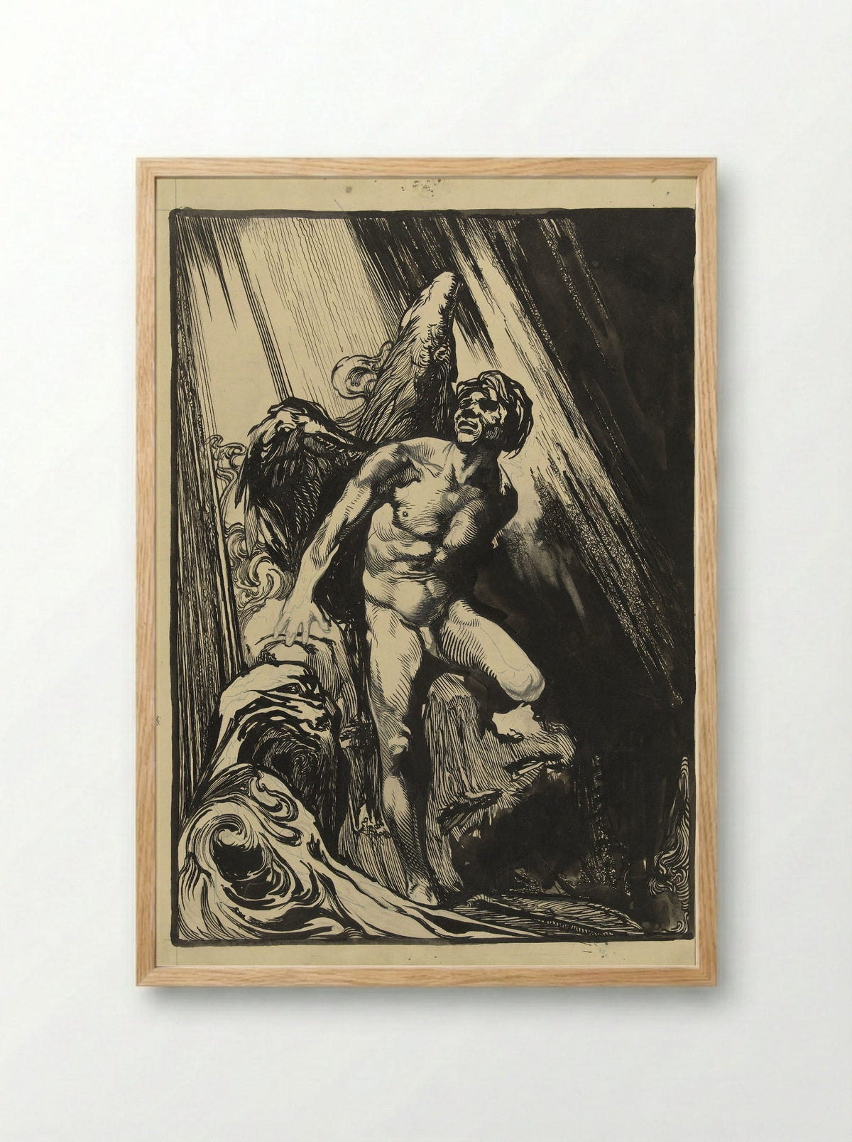 Lucifer in a Rocky Landscape by a Stream, Looking Up at the Light - Johannes Josephus Aarts - Framed Print Wood