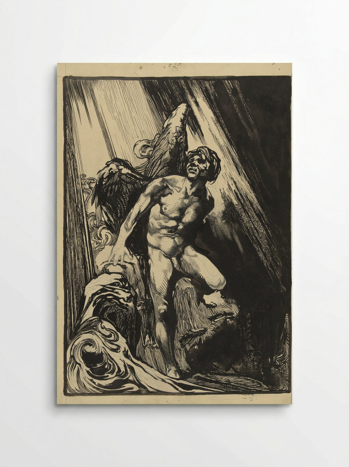 Lucifer in a Rocky Landscape by a Stream, Looking Up at the Light - Johannes Josephus Aarts - Poster