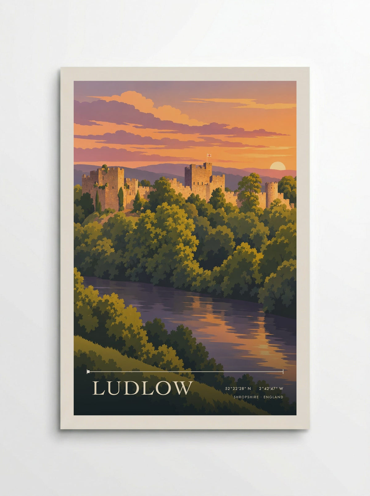 Ludlow, Shropshire travel poster: golden castle towers above wooded banks and orange reflections on the River Teme beneath a warm evening sky