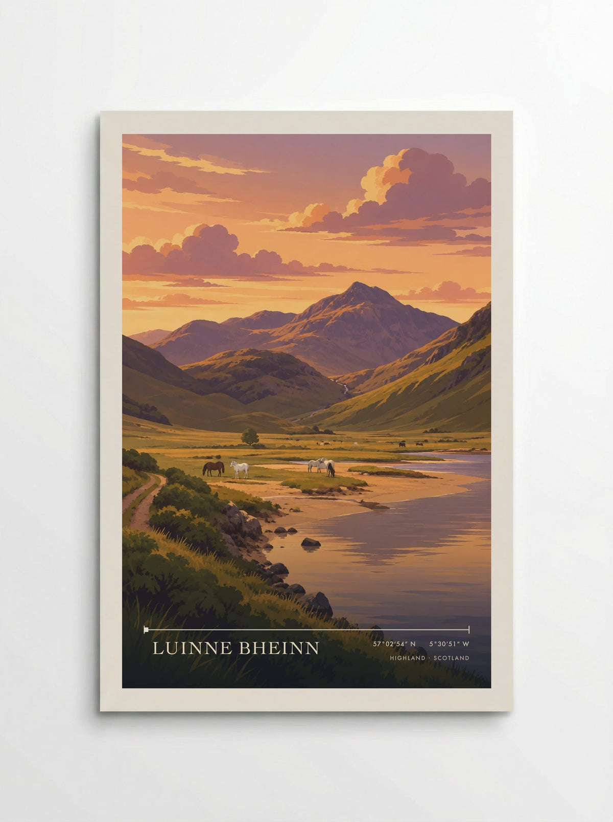 Luinne Bheinn, Highland travel poster: horses on gold grazing ground, lavender water and warm mountain shoulders beneath peach evening clouds