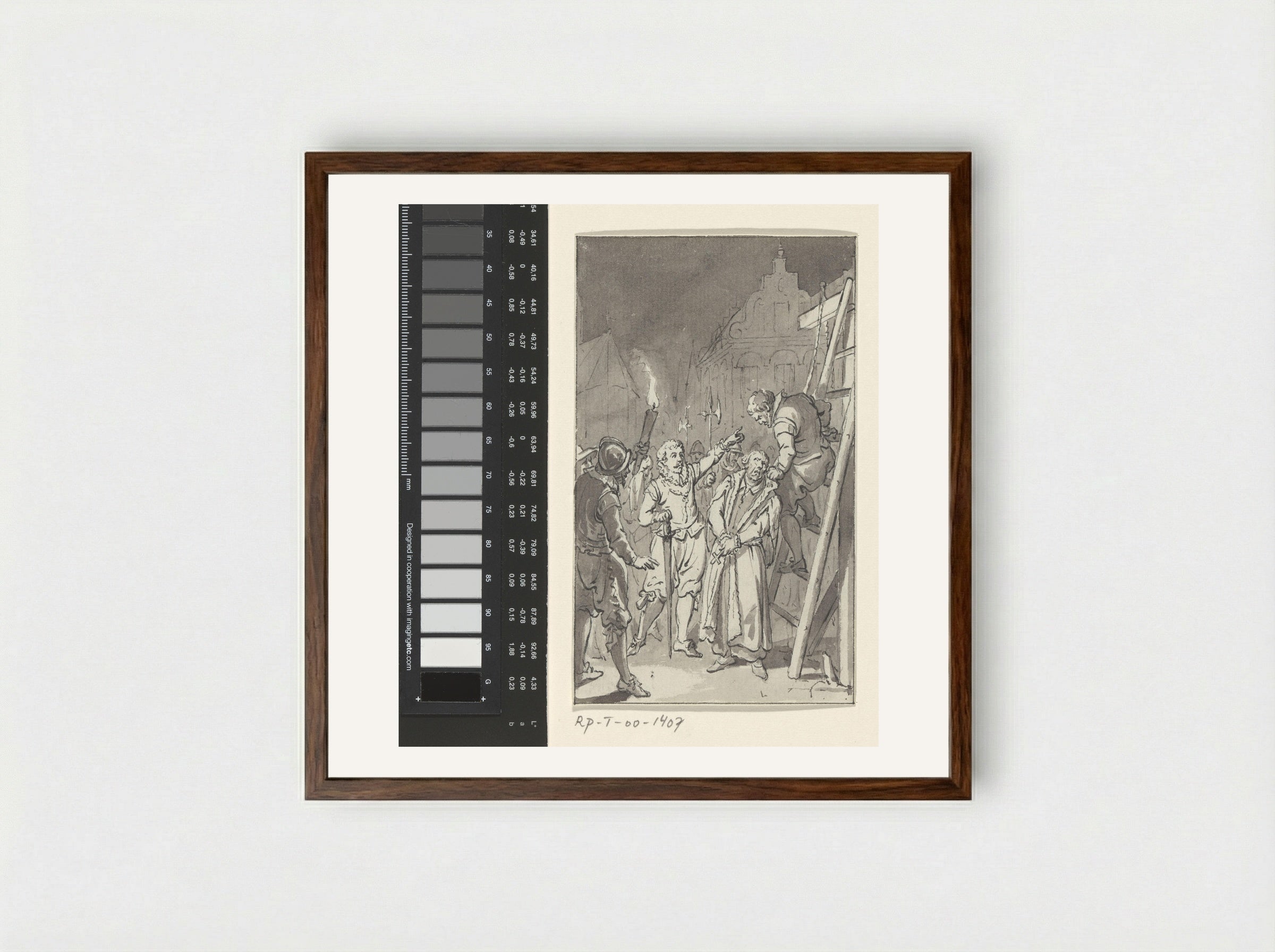 Lumey laat pater C. Musius te Leiden ophangen, december 1572 - Jacobus Buys - Framed Print Dark Wood