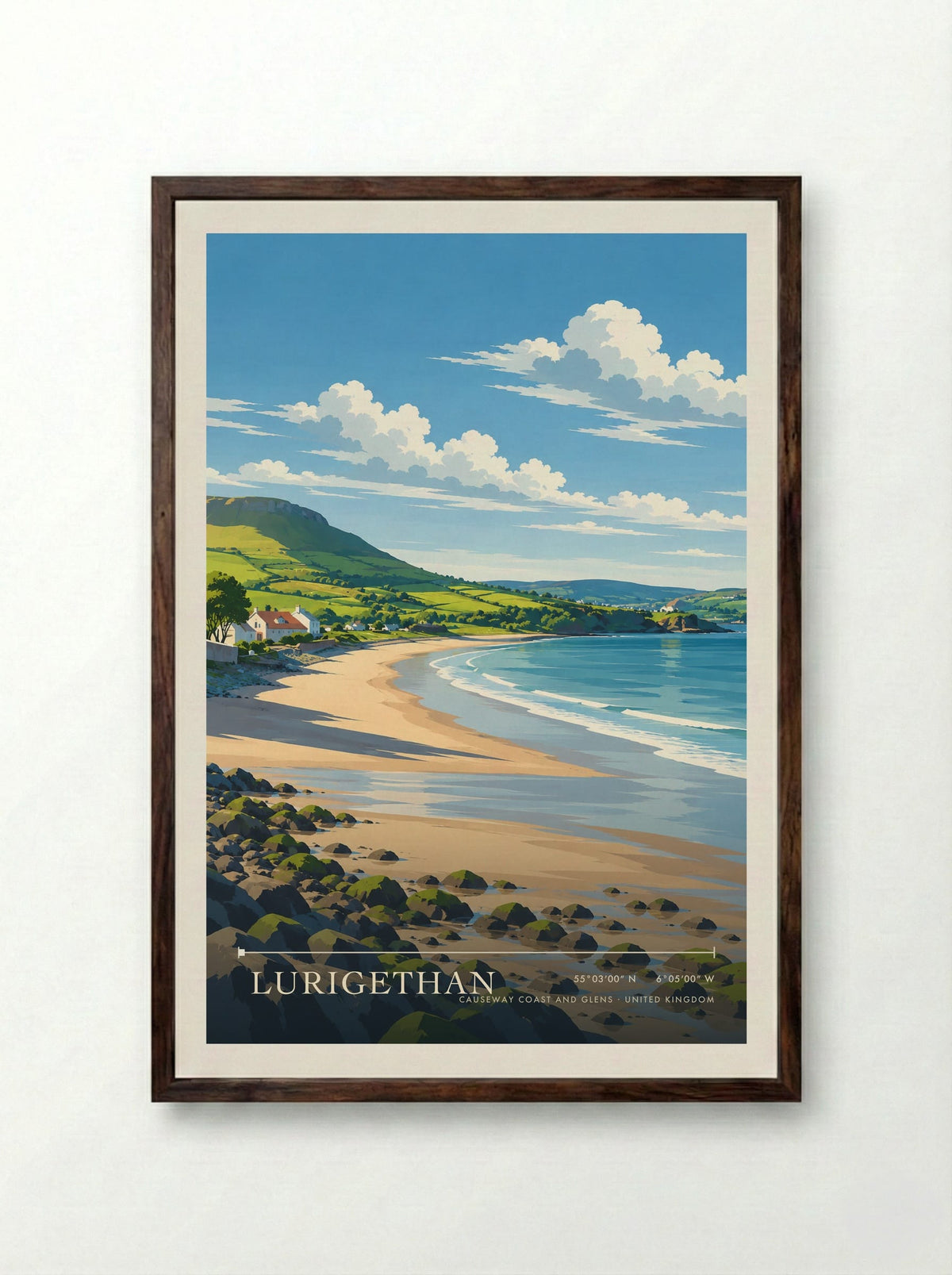 Lurigethan, Causeway Coast and Glens | Travel Poster - Framed Print Dark Wood