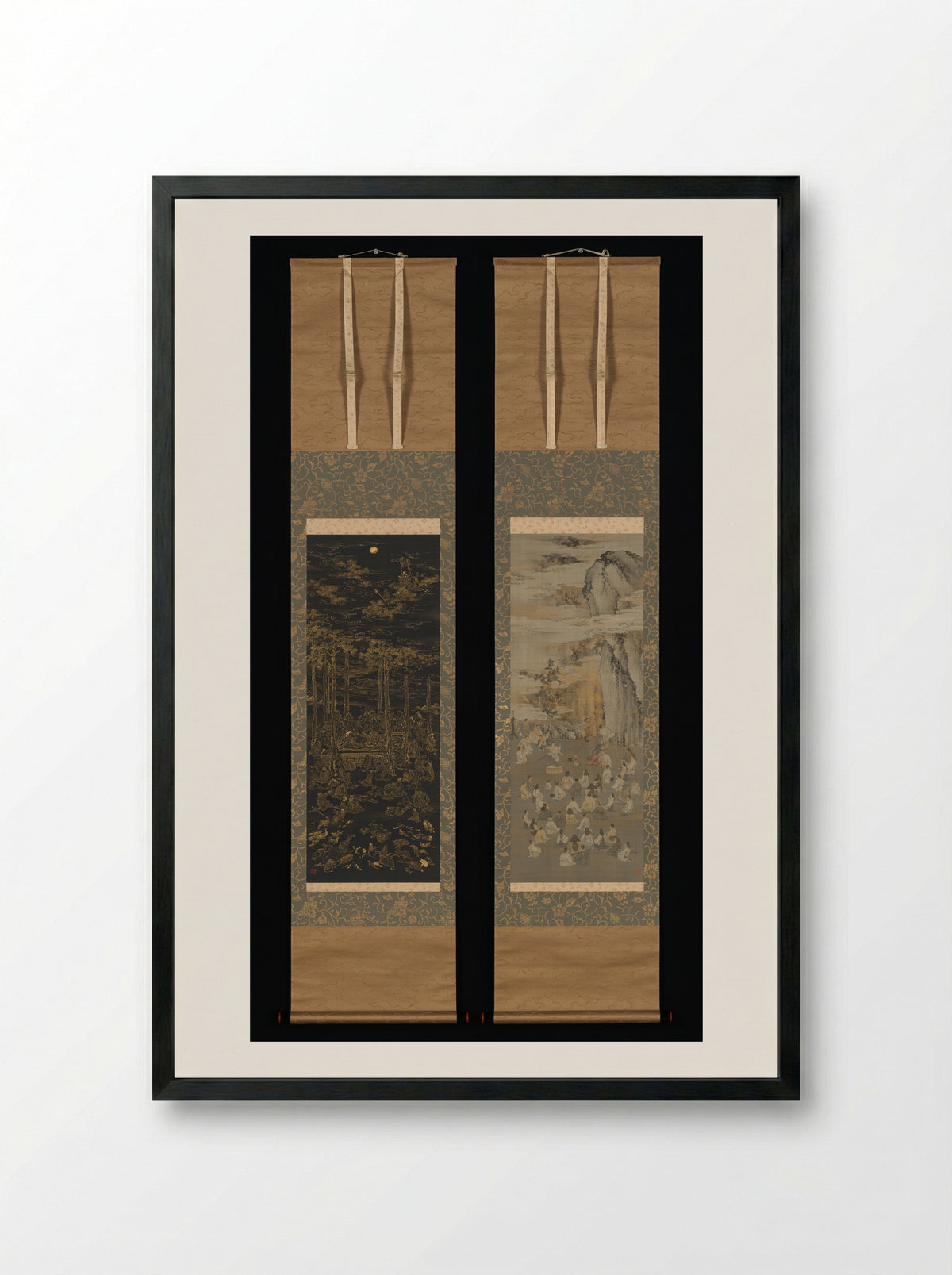 Luring the Sun Goddess Amaterasu Out of a Cave with Music; Death of the Historical Buddha - Kōno Bairei - Framed Print Black