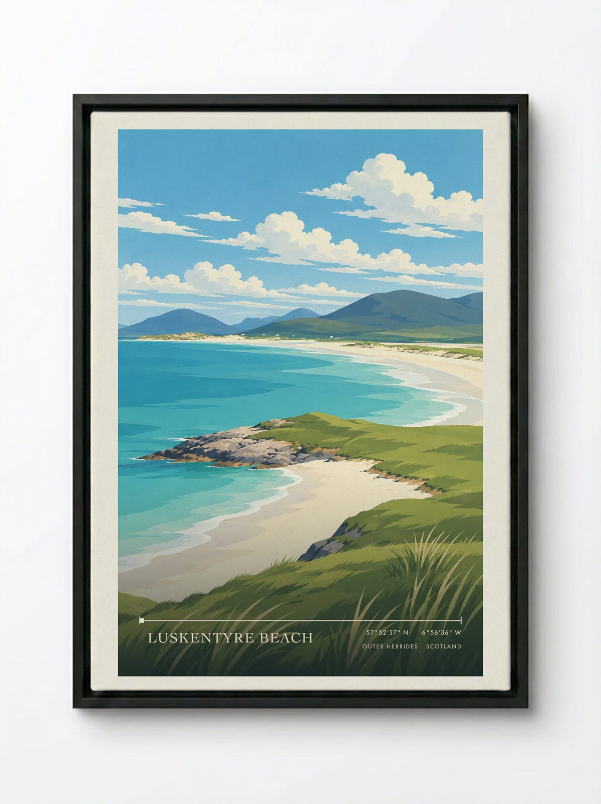 Luskentyre Beach, Outer Hebrides | Travel Poster - Framed Canvas Black