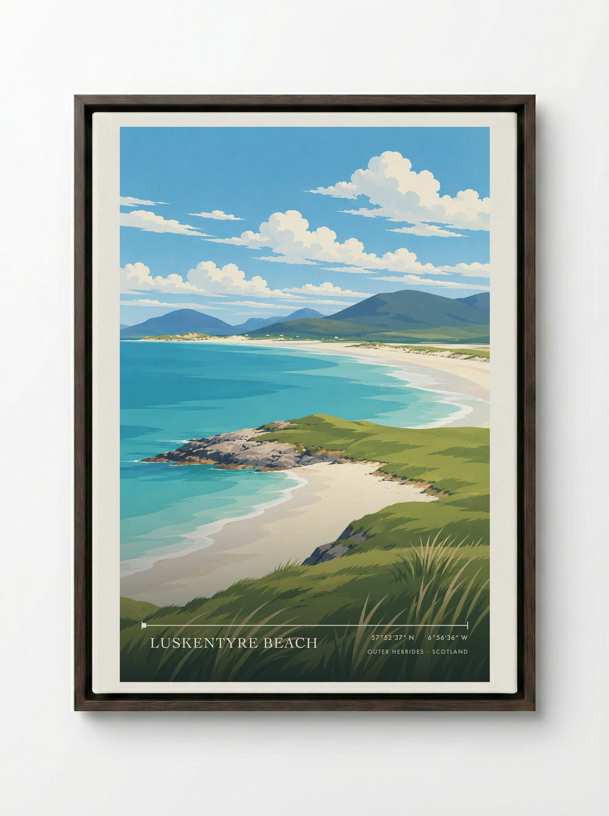 Luskentyre Beach, Outer Hebrides | Travel Poster - Framed Canvas Dark Wood