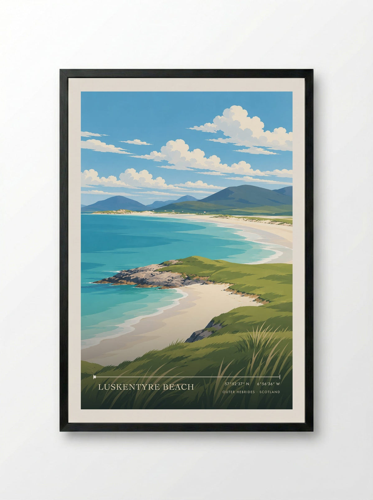 Luskentyre Beach, Outer Hebrides | Travel Poster - Framed Print Black
