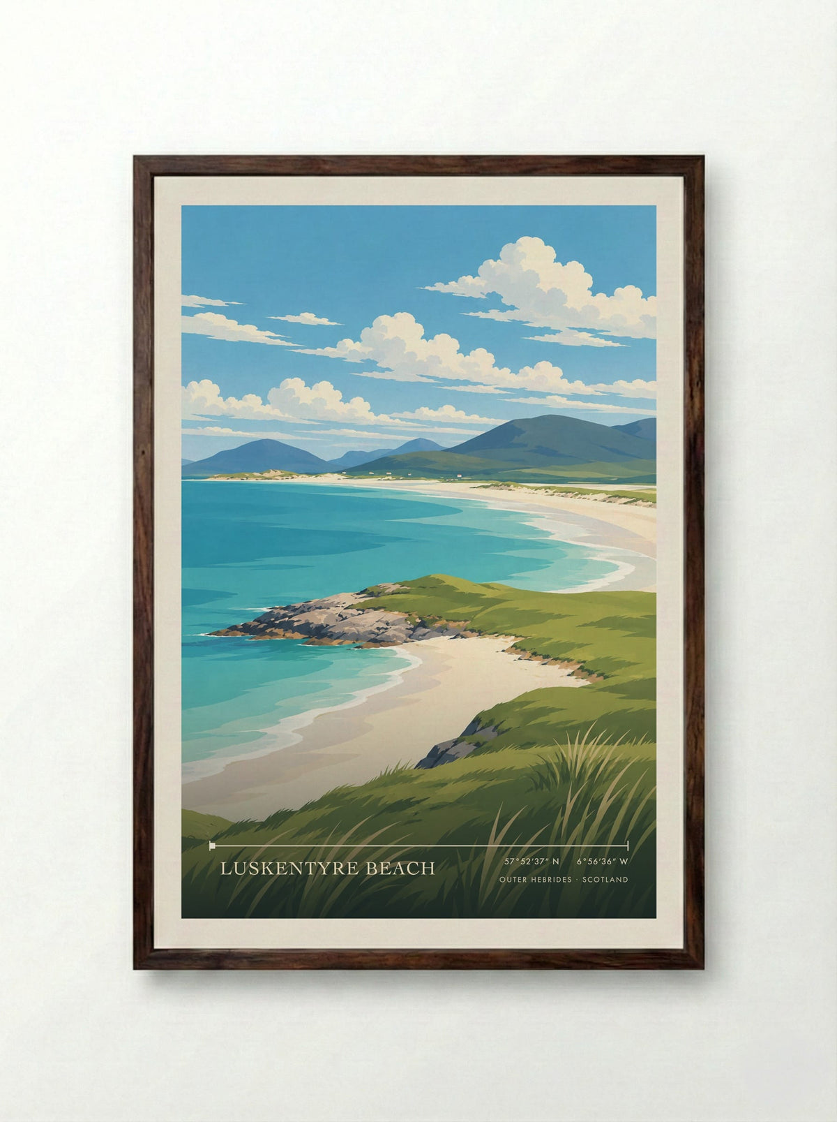 Luskentyre Beach, Outer Hebrides | Travel Poster - Framed Print Dark Wood