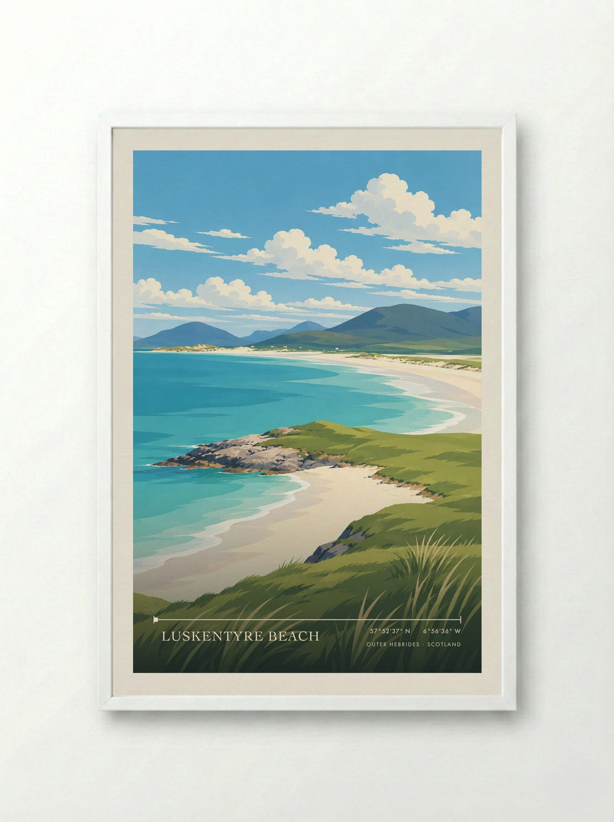 Luskentyre Beach, Outer Hebrides | Travel Poster - Framed Print White