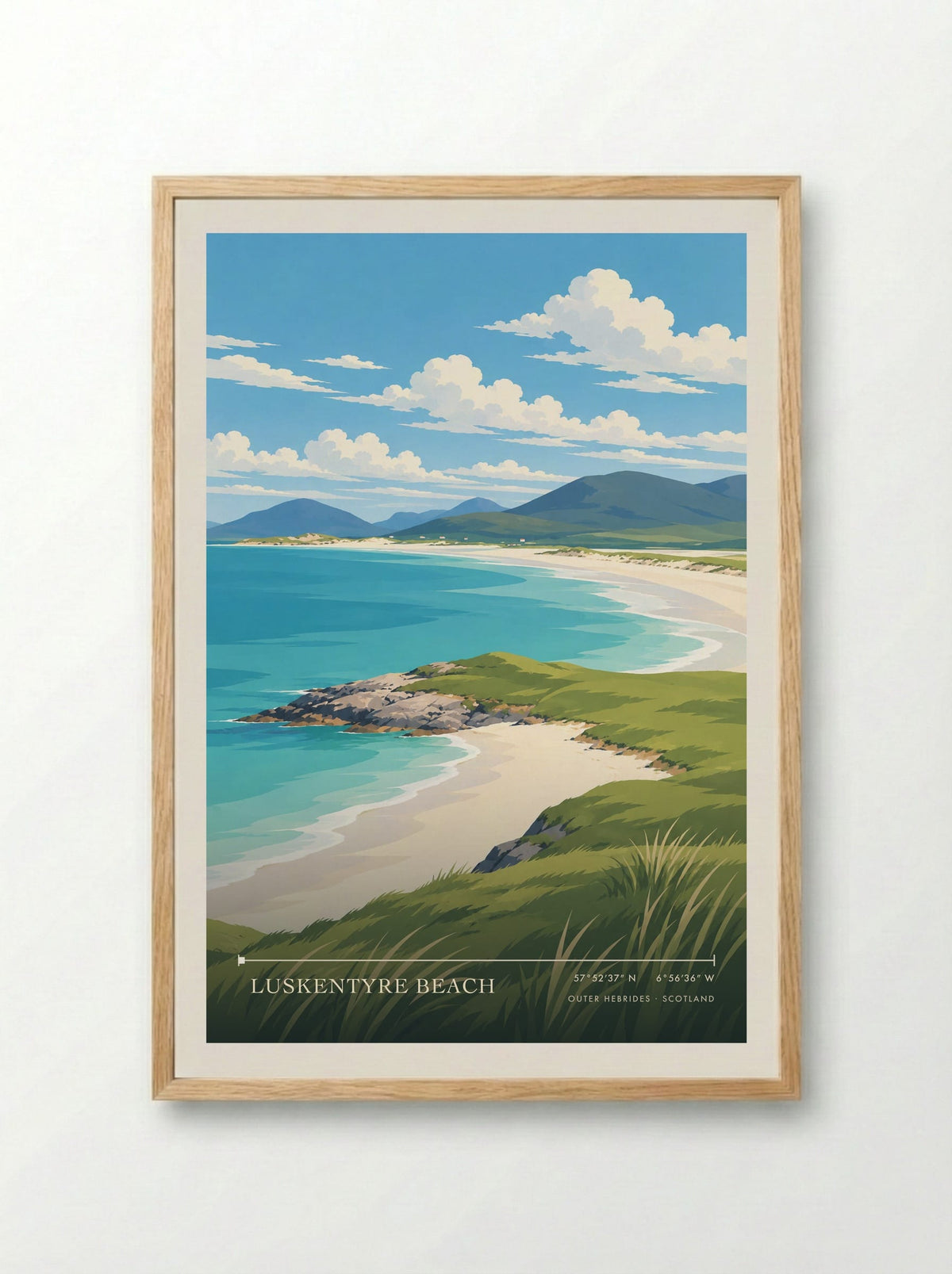 Luskentyre Beach, Outer Hebrides | Travel Poster - Framed Print Wood