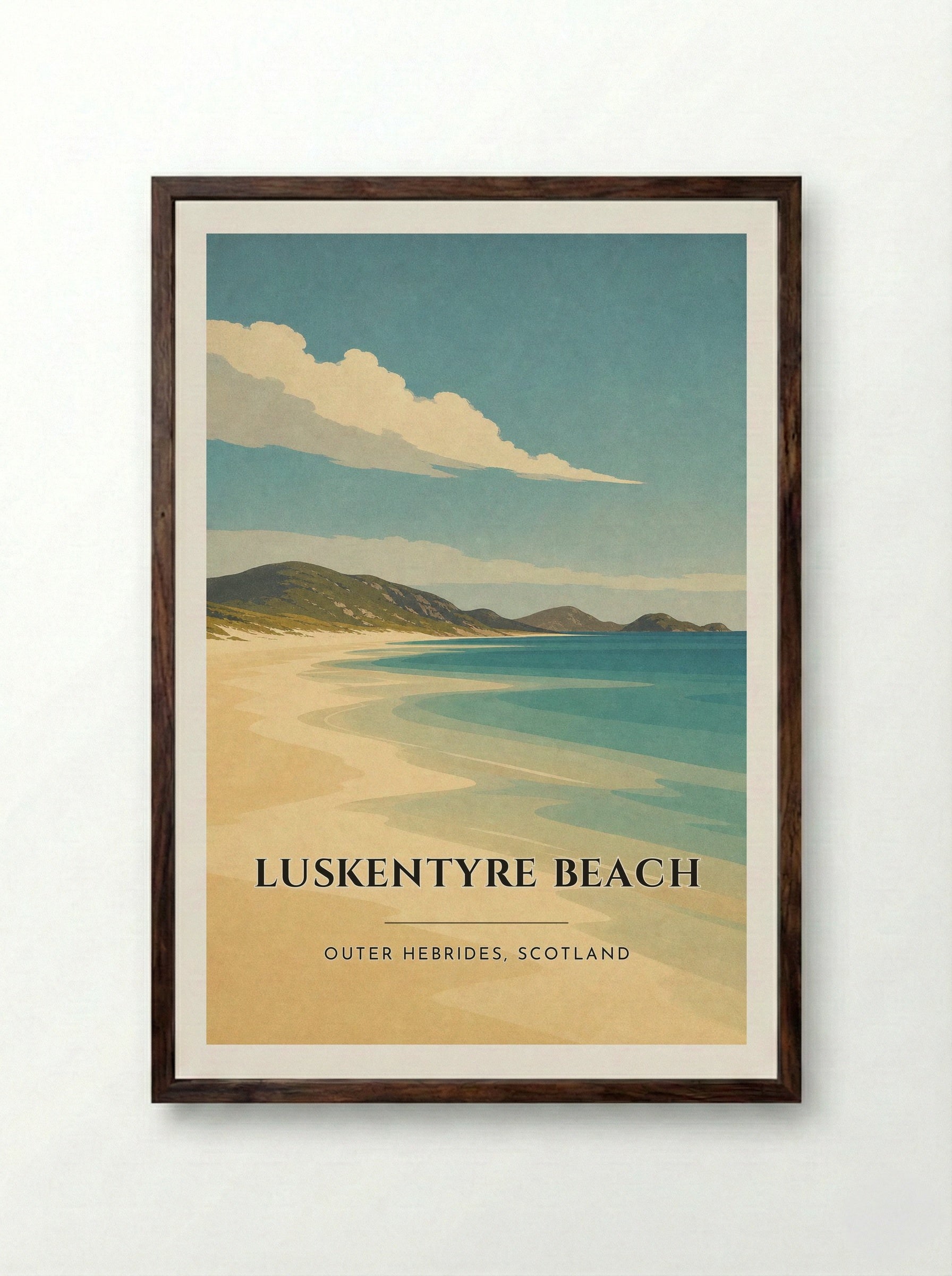 Luskentyre Beach Travel Poster Artwork - Framed Print Dark Wood