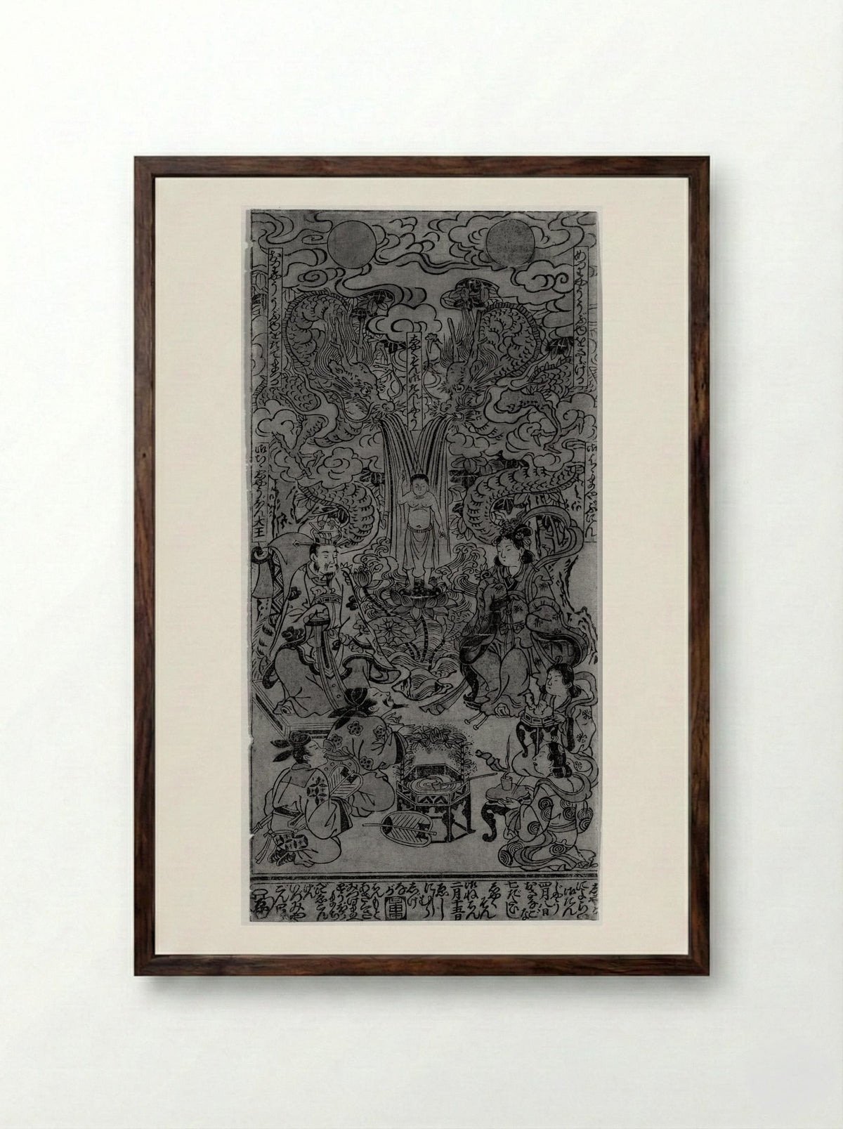 Lustration and First Seven Steps of the Buddha - Nishimura Shigenaga - Framed Print Dark Wood