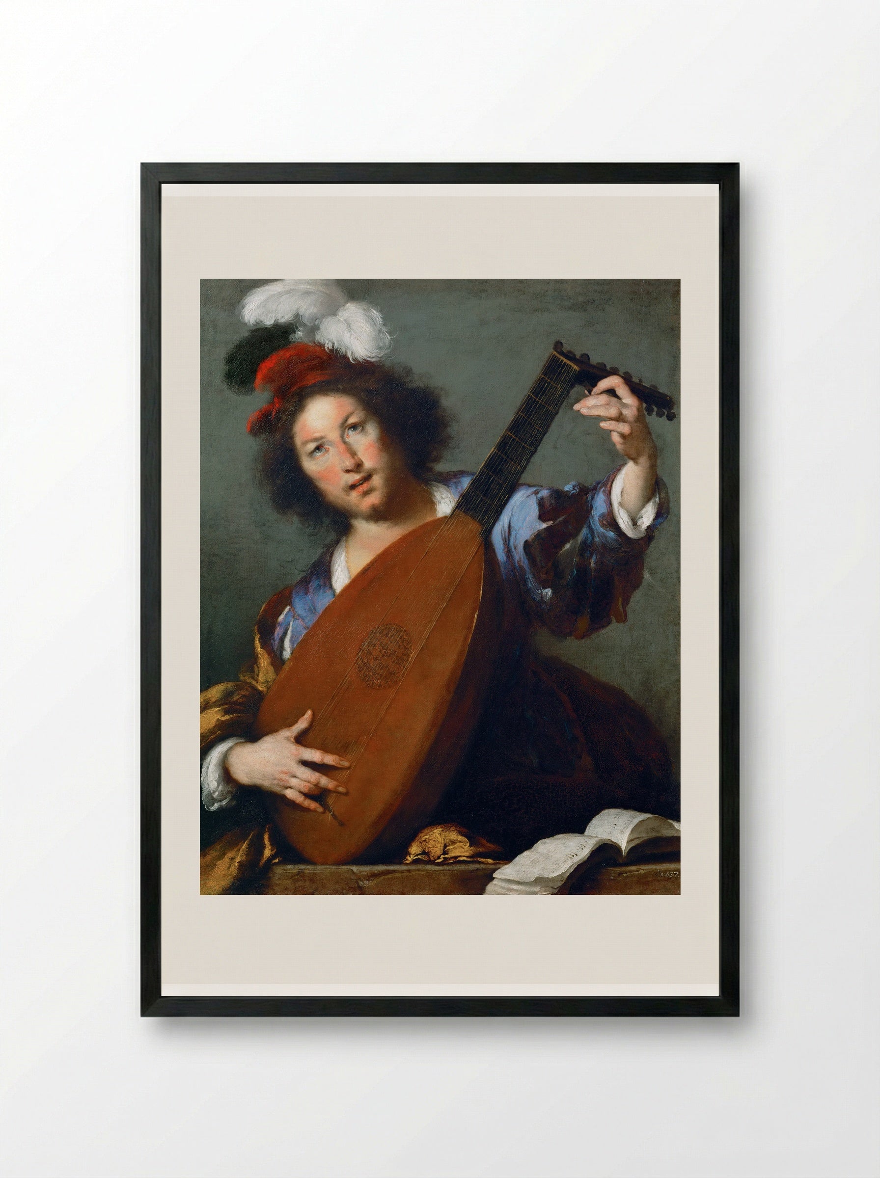 Lute Player - Bernardo Strozzi - Framed Print Black