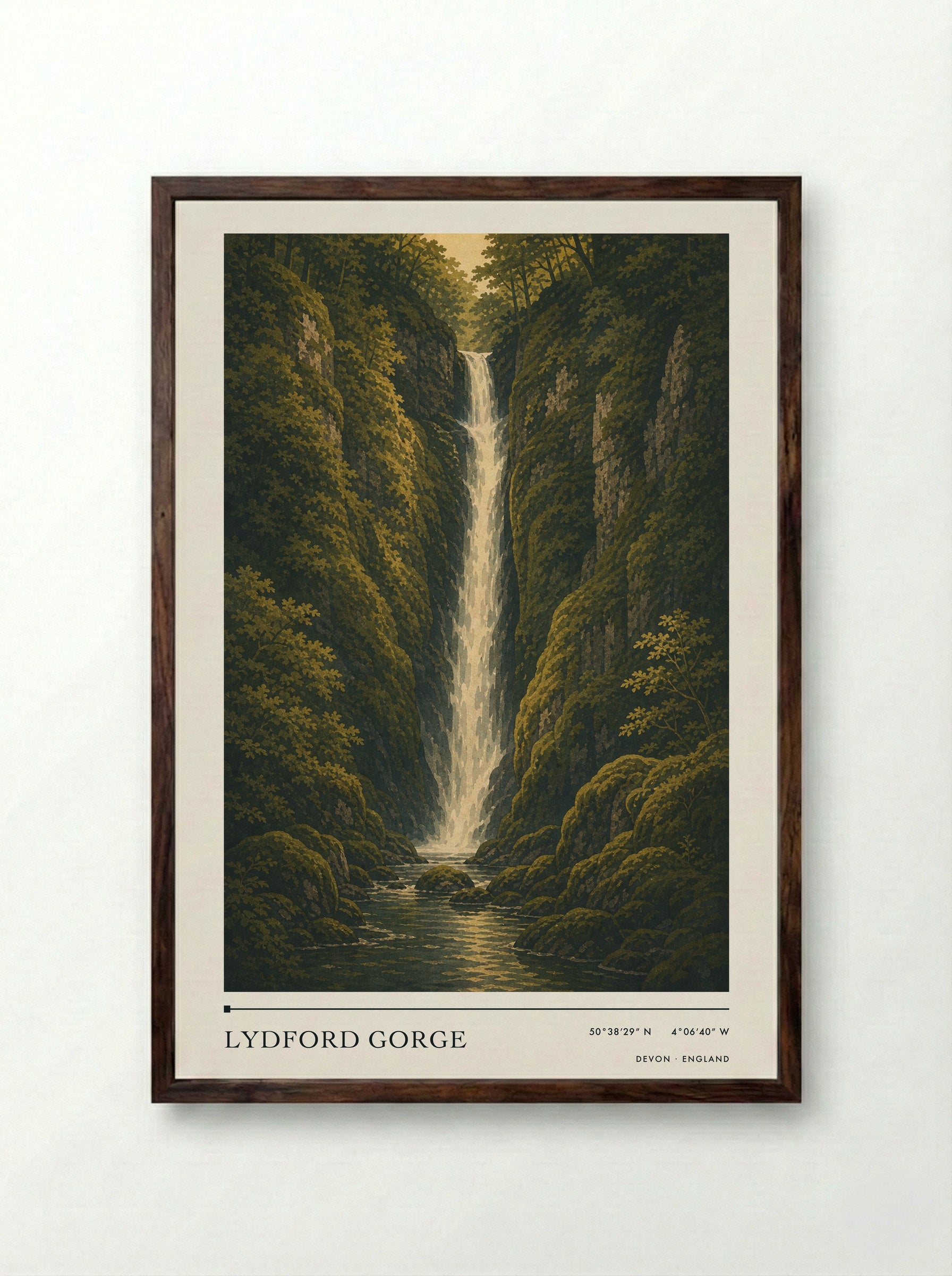 Lydford Gorge Devon England Travel Poster - Framed Print Dark Wood