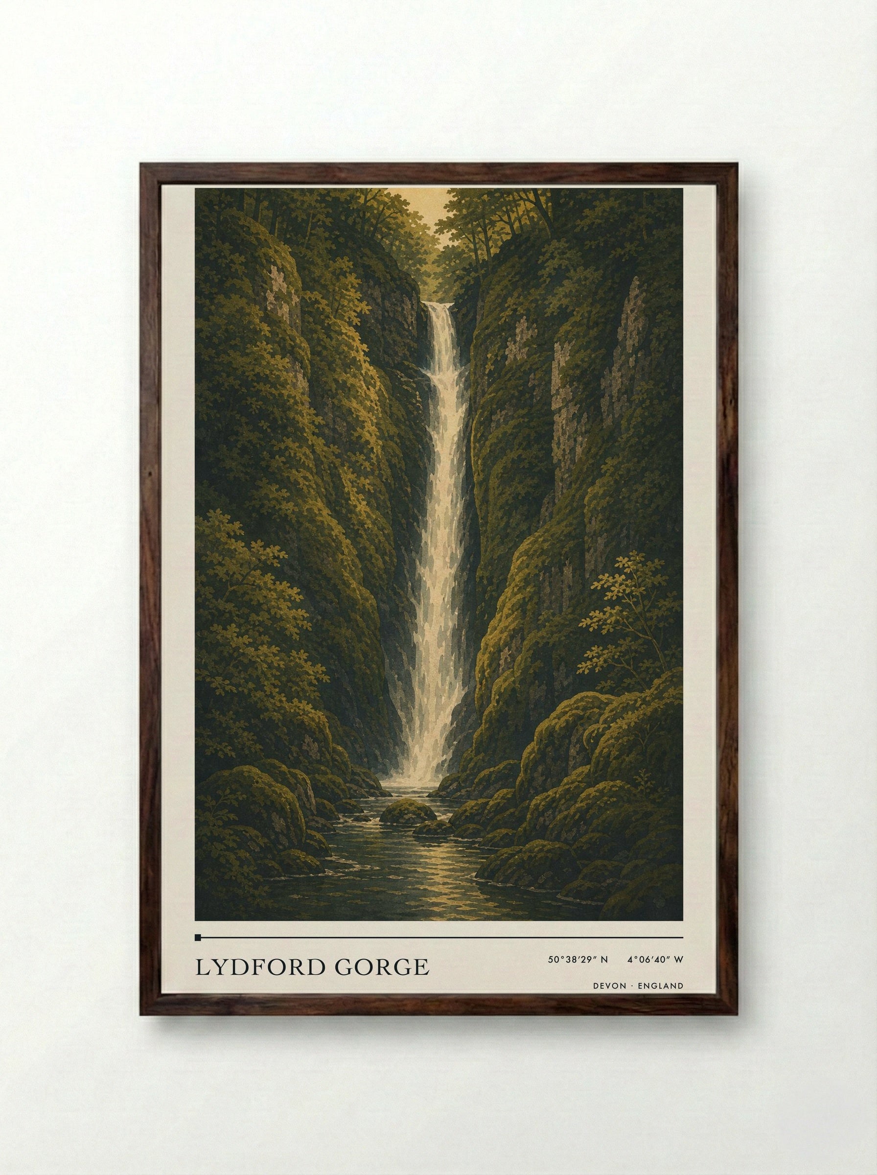 Lydford Gorge Devon England Travel Poster - Framed Print Dark Wood