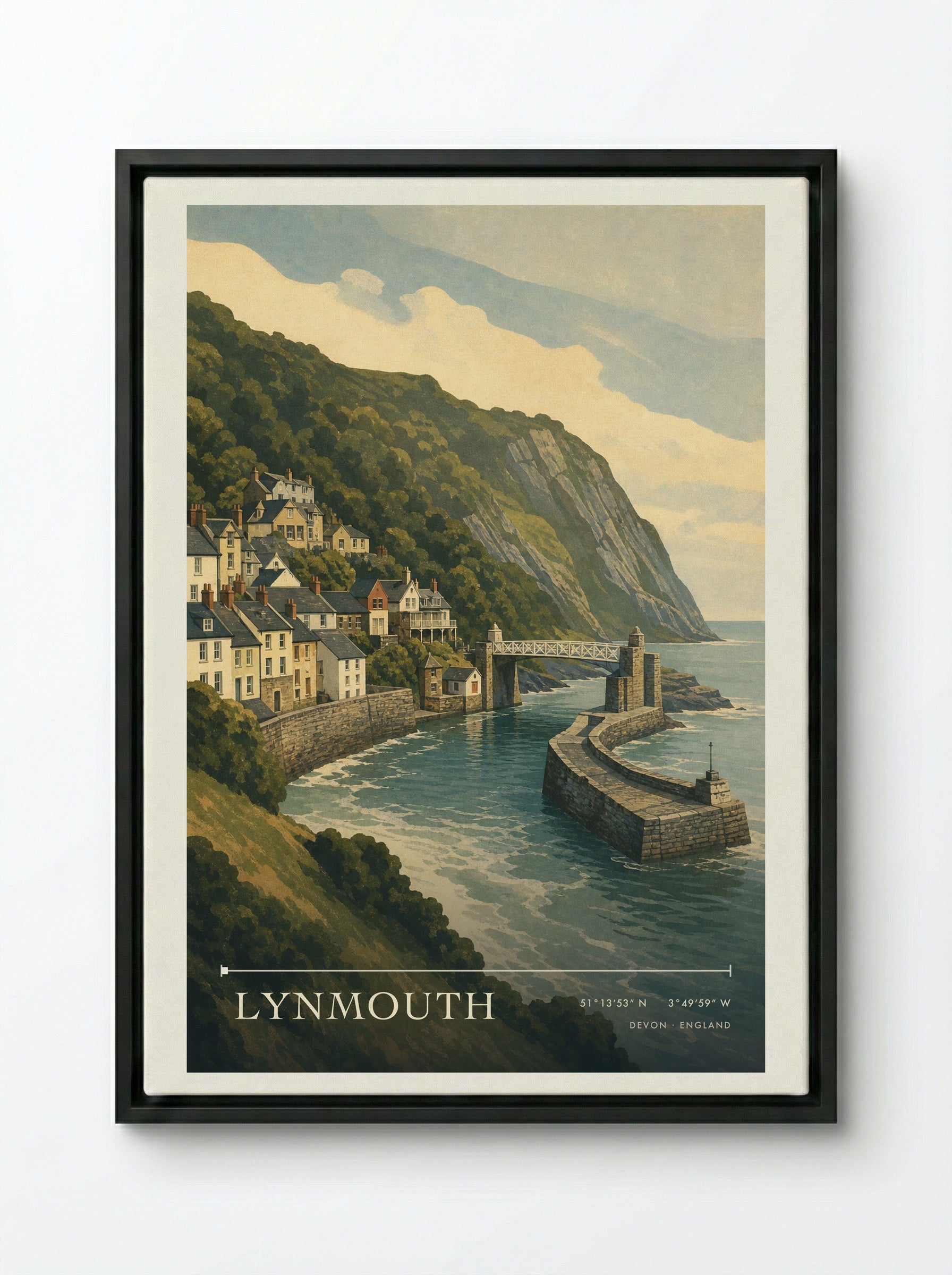 Lynmouth Devon England Travel Poster - Framed Canvas Black