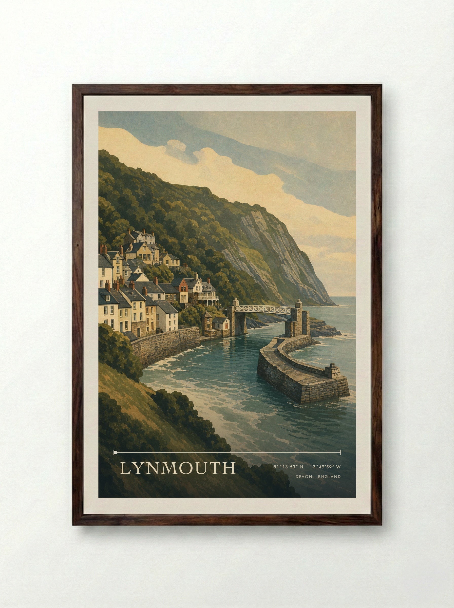 Lynmouth Devon England Travel Poster - Framed Print Dark Wood