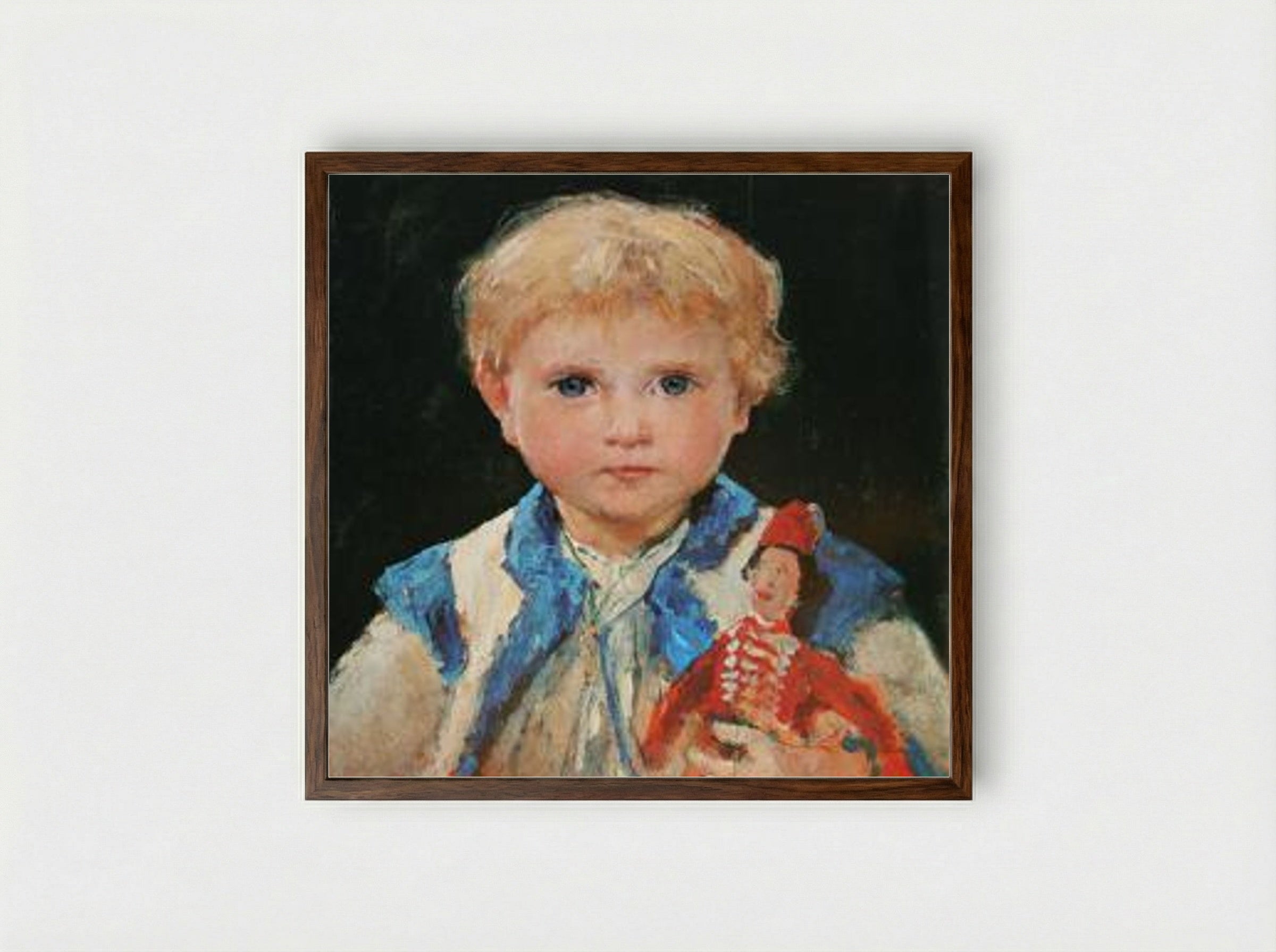 Mädchen mit Hampelmann (Marie Anker) - Albert Anker - Framed Print Dark Wood