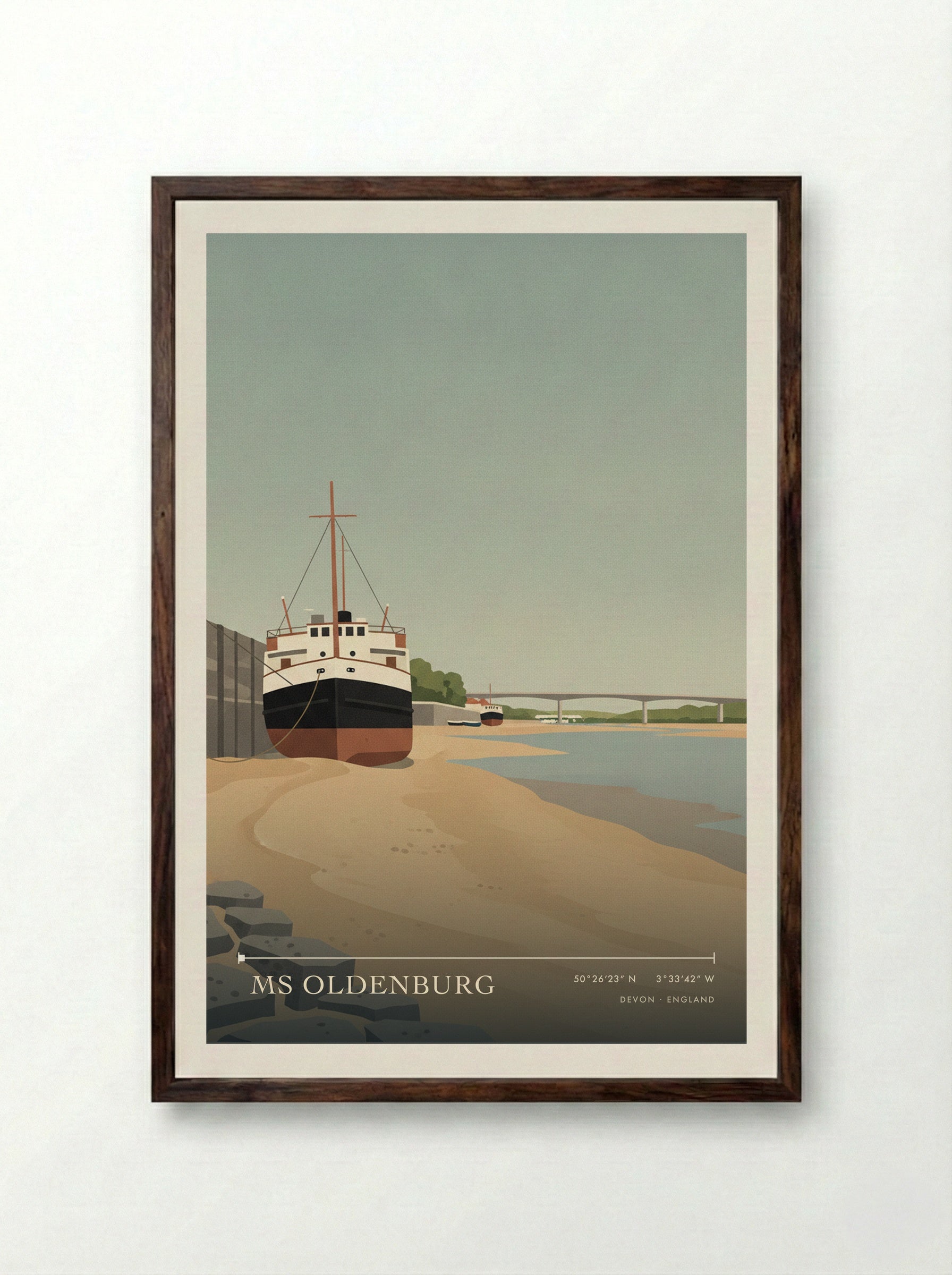 MS Oldenburg Devon England Travel Poster - Framed Print Dark Wood