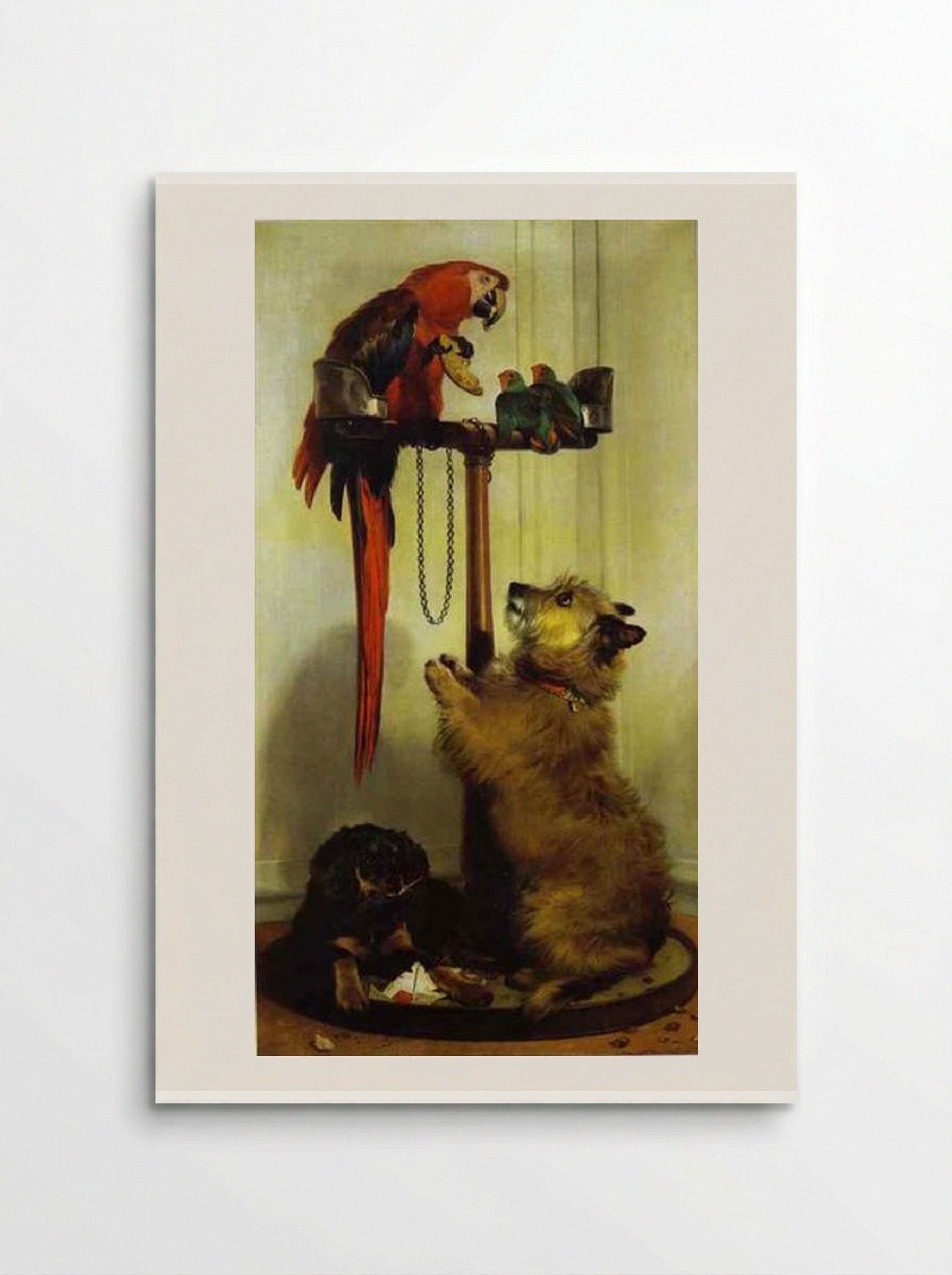 Macaw, Love Birds, Terrier, and Spaniel Puppies, Belonging to Her Majesty - Edwin Henry Landseer - Poster