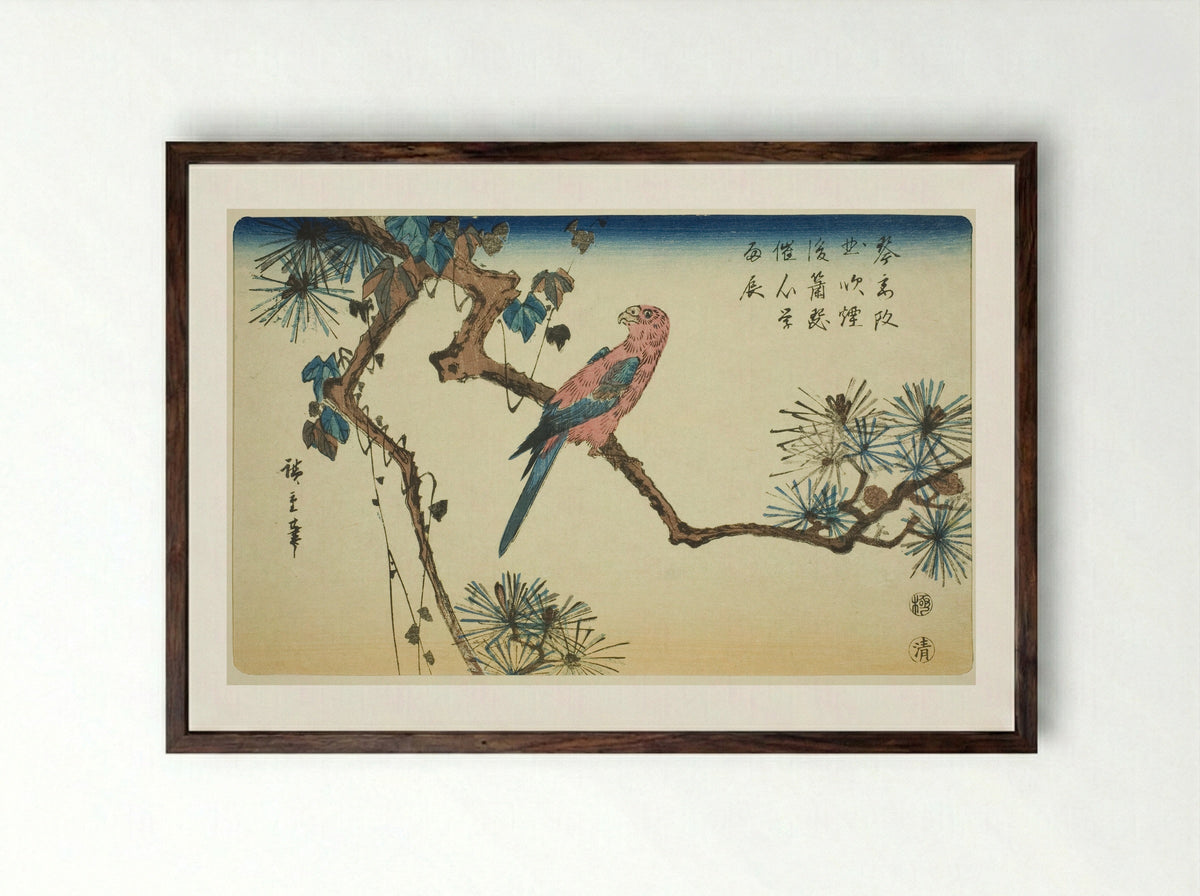 Macaw on Pine Branch - Utagawa Hiroshige - Framed Print Dark Wood