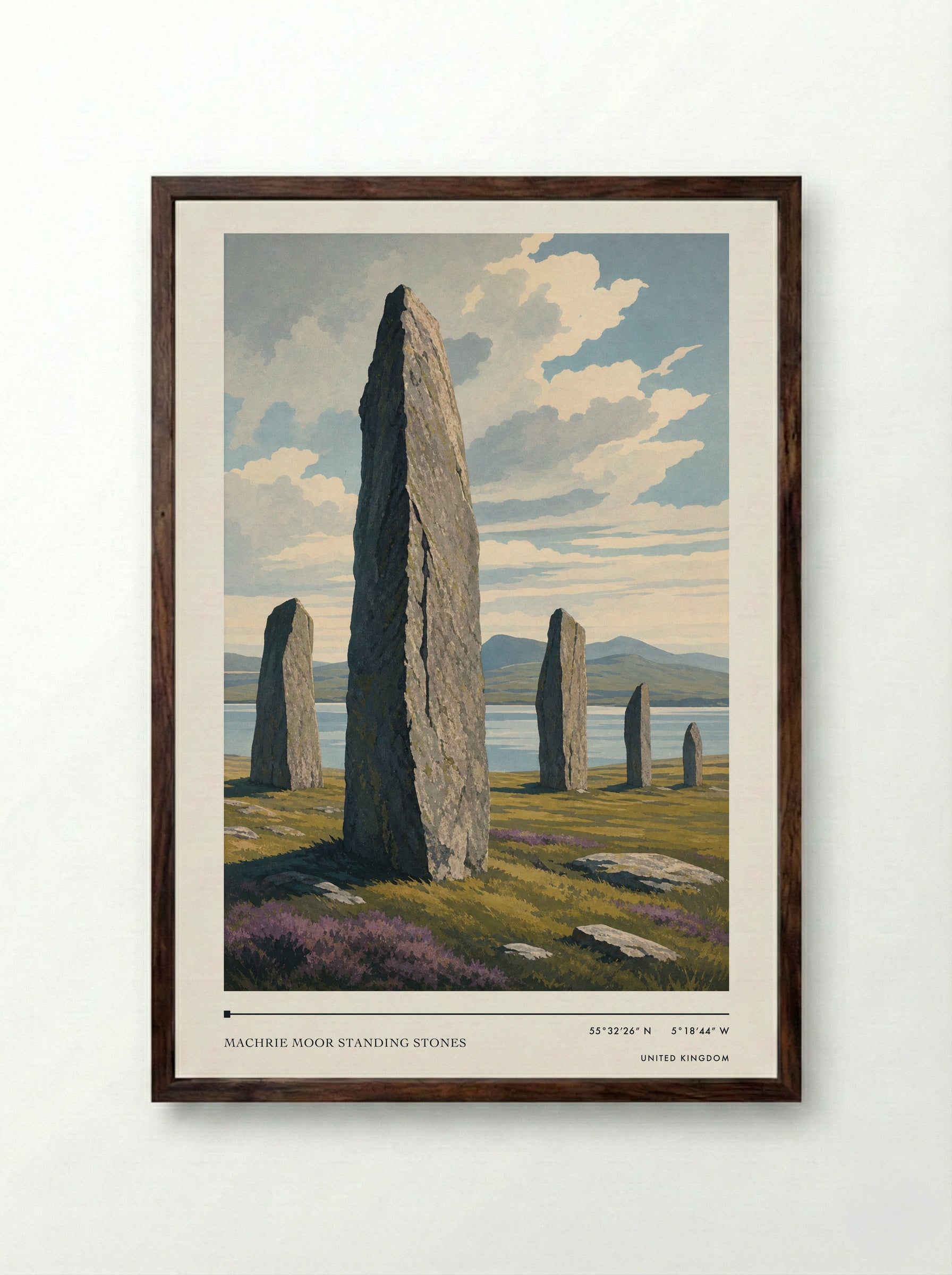 Machrie Moor Standing Stones United Kingdom Travel Poster - Framed Print Dark Wood
