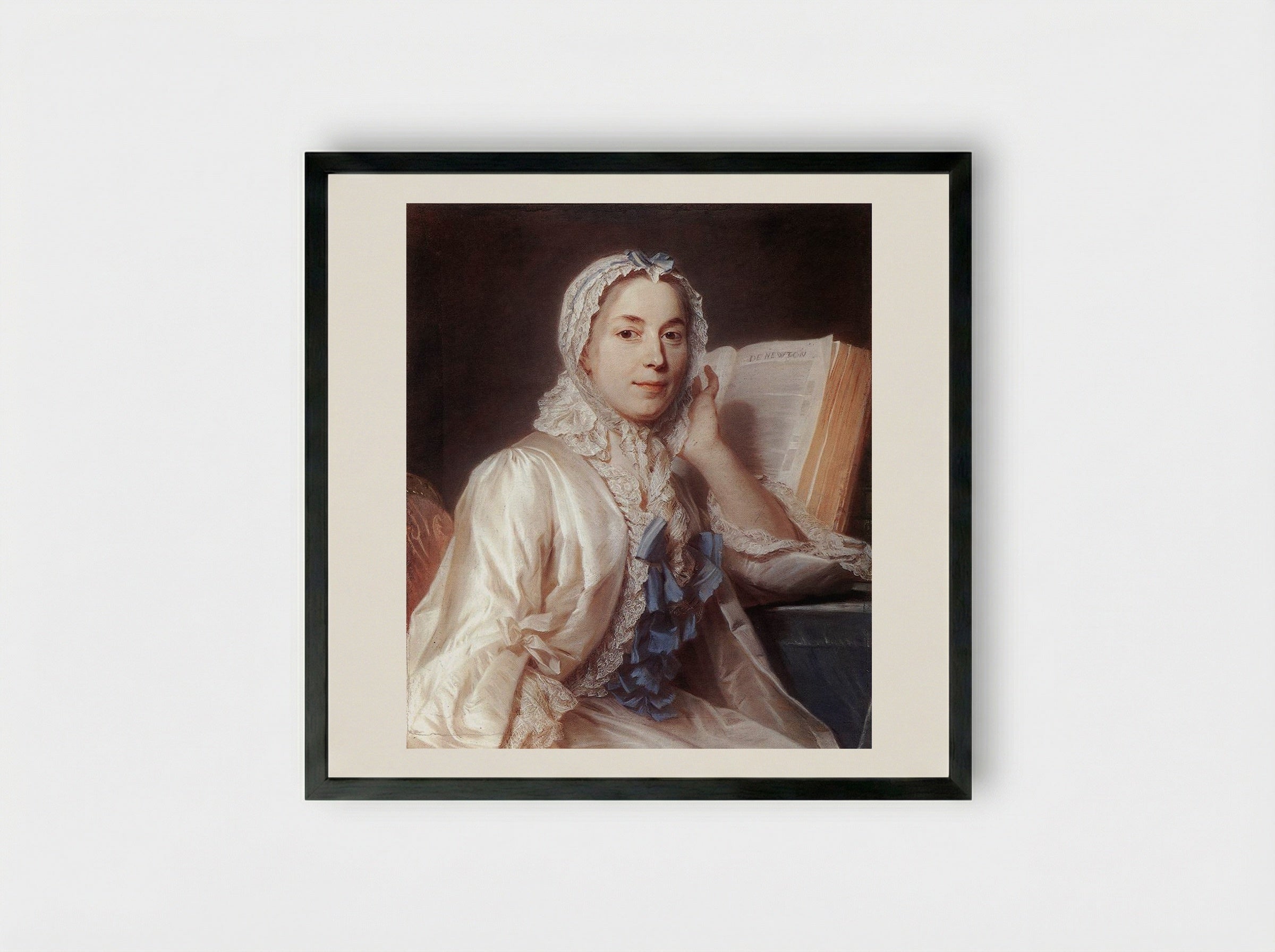 Mademoiselle Ferrand meditating on Newton - Maurice Quentin de La Tour - Framed Print Black