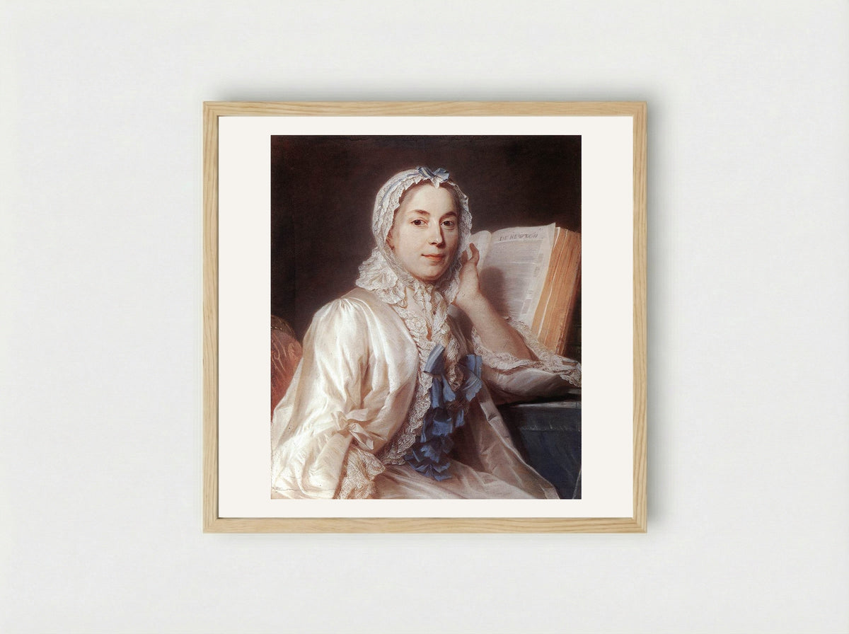 Mademoiselle Ferrand meditating on Newton - Maurice Quentin de La Tour - Framed Print Wood