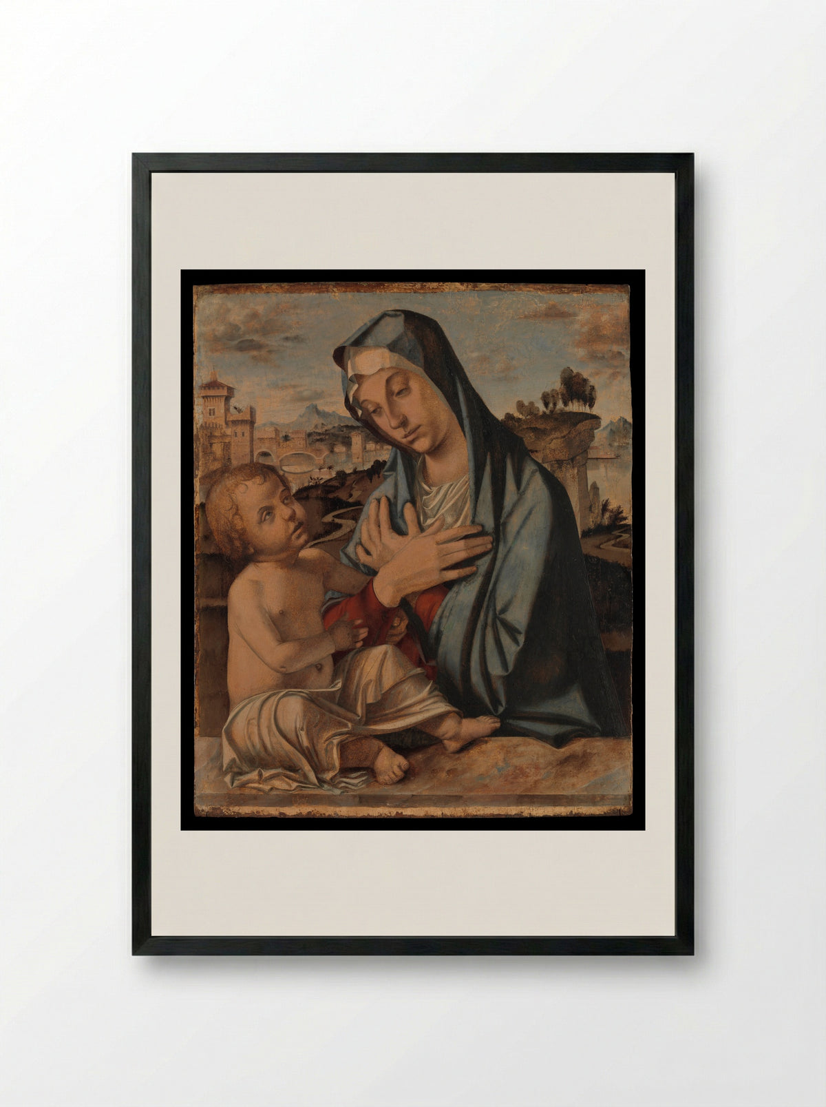 Madonna Adoring the Child - Bartolomeo Montagna - Framed Print Black