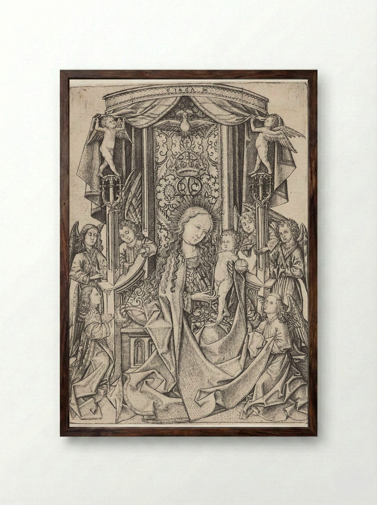 Madonna Enthroned with Eight Angels - Master ES - Framed Print Dark Wood
