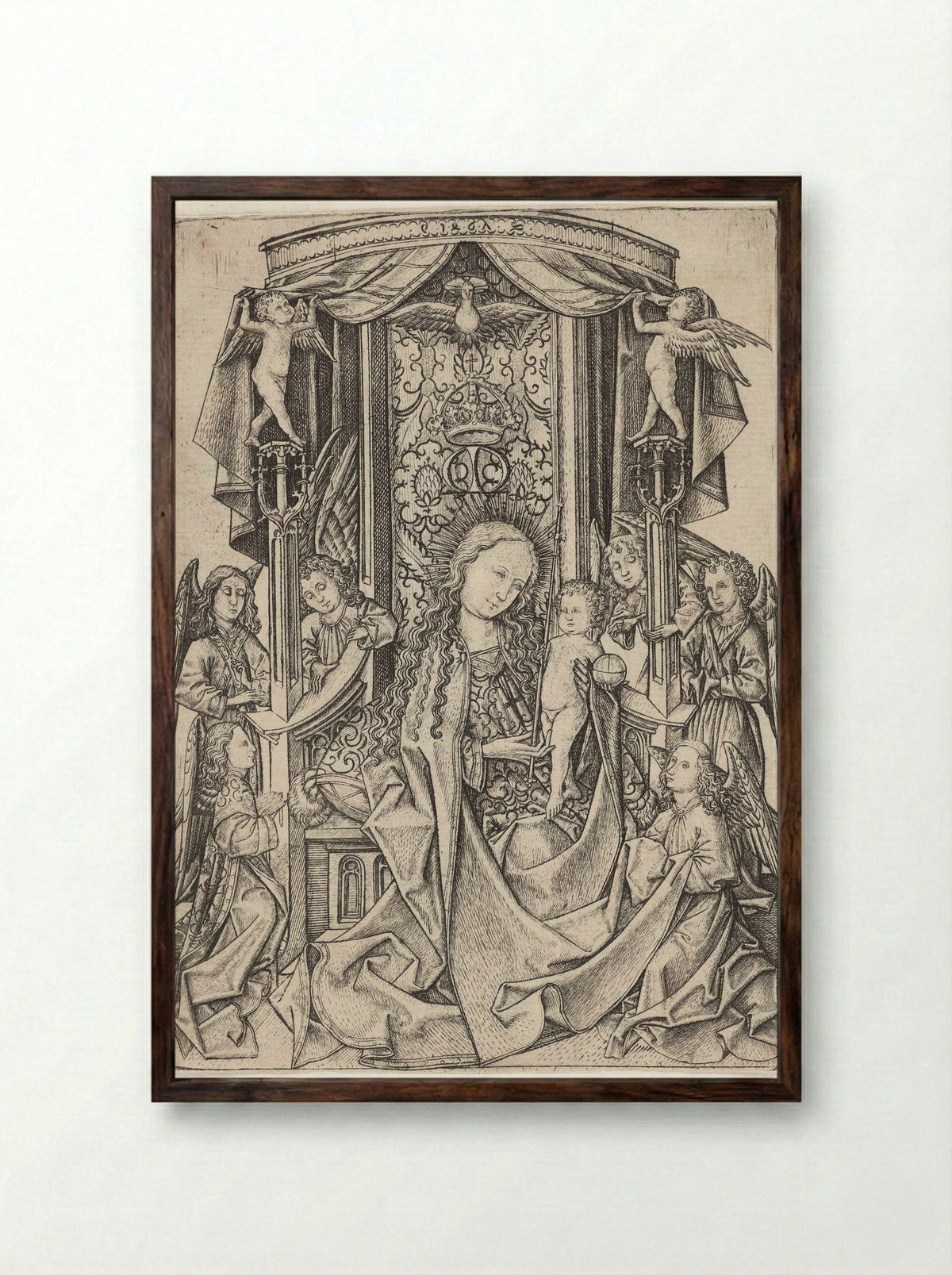 Madonna Enthroned with Eight Angels - Master ES - Framed Print Dark Wood