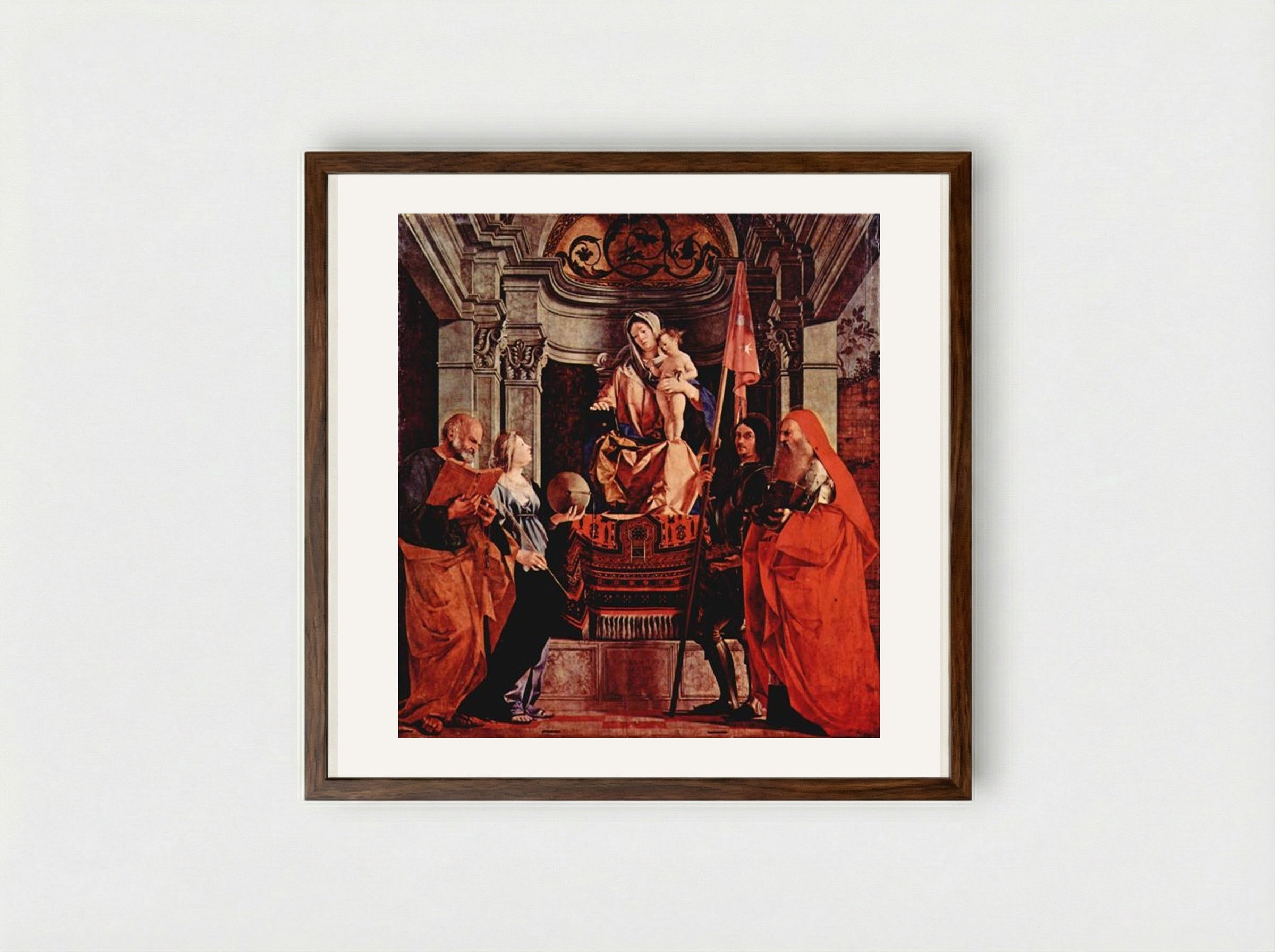 Madonna Enthroned with Saints - Lorenzo Lotto - Framed Print Dark Wood