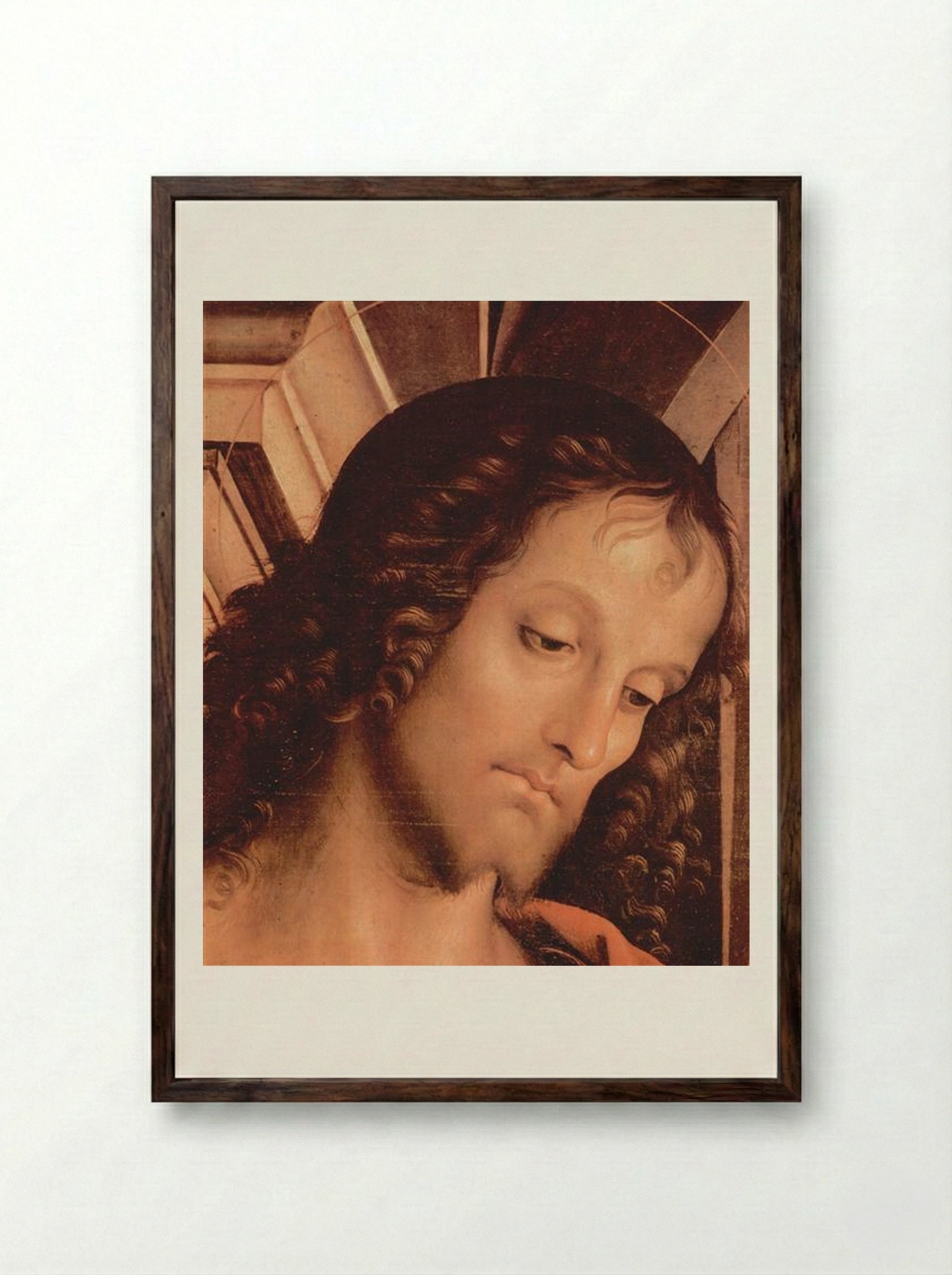 Madonna Enthroned with St. John the Baptist and St. Sebastian (detail) - Pietro Perugino - Framed Print Dark Wood