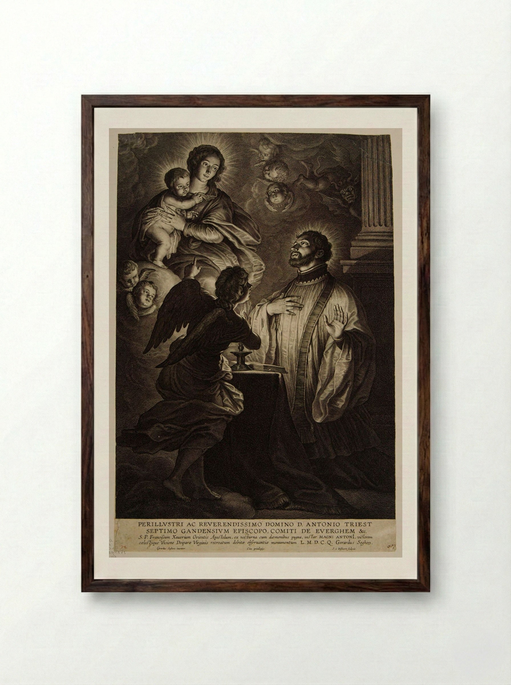 Madonna and Child Appearing to Saint Francis Xavier - Schelte Adamsz. Bolswert - Framed Print Dark Wood
