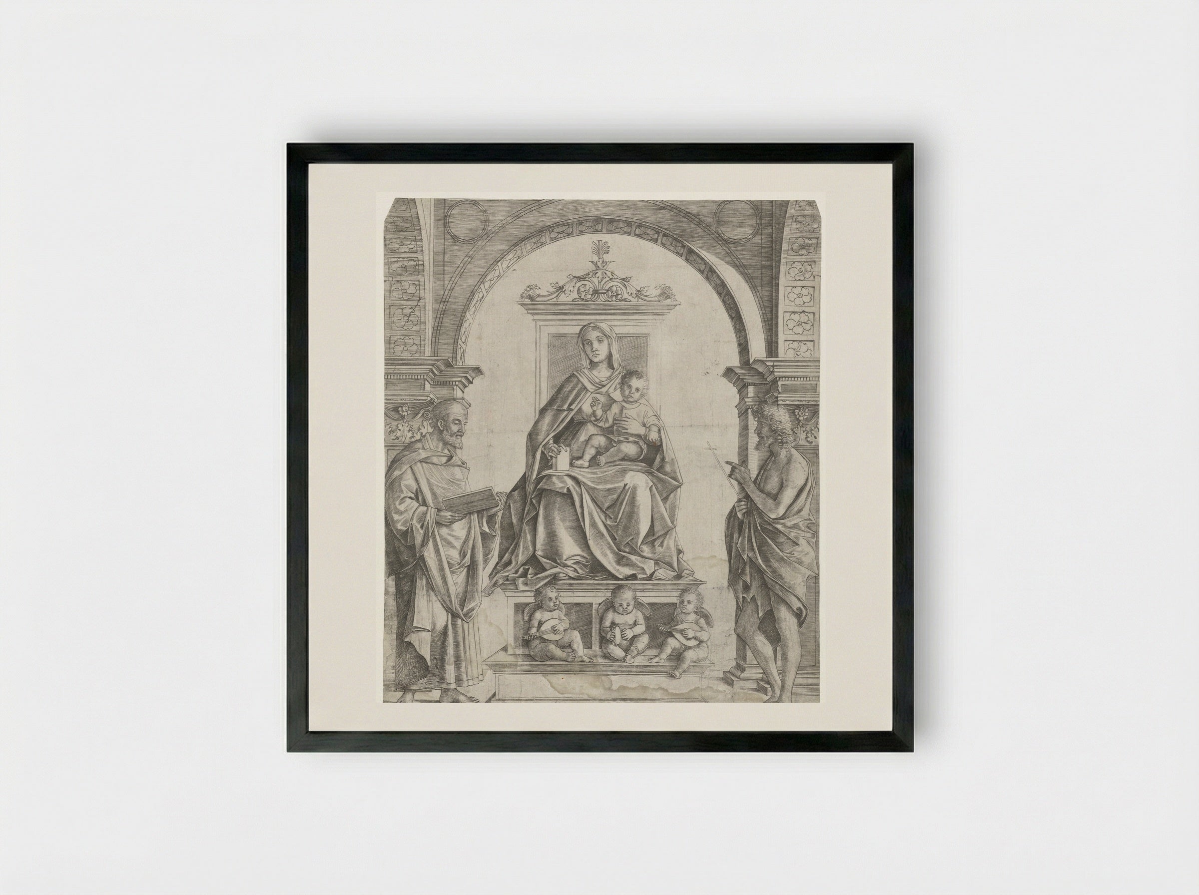 Madonna and Child Enthroned with Saints Peter and John the Baptist - Girolamo Mocetto - Framed Print Black