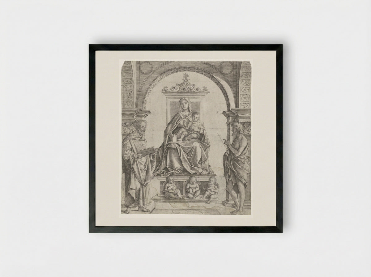 Madonna and Child Enthroned with Saints Peter and John the Baptist - Girolamo Mocetto - Framed Print Black