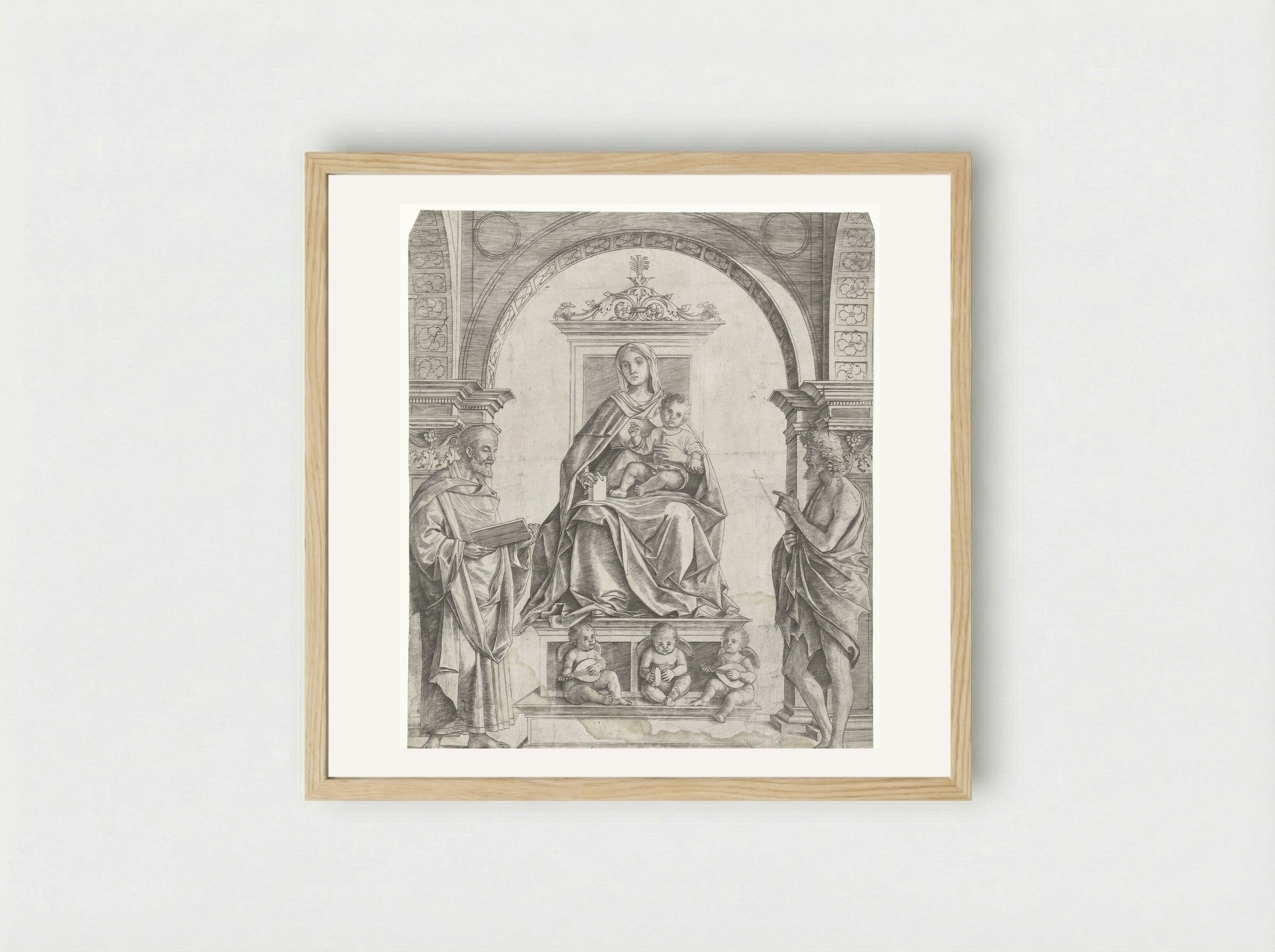 Madonna and Child Enthroned with Saints Peter and John the Baptist - Girolamo Mocetto - Framed Print Wood