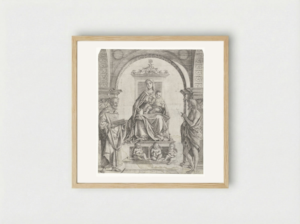 Madonna and Child Enthroned with Saints Peter and John the Baptist - Girolamo Mocetto - Framed Print Wood