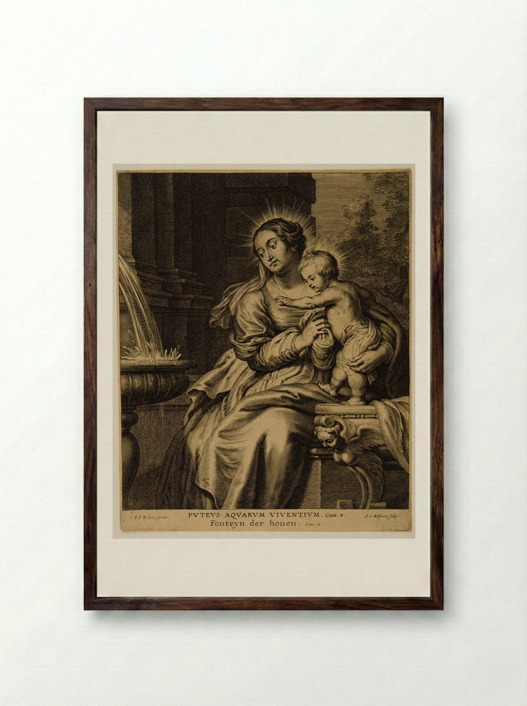 Madonna and Child by the Fountain - Schelte Adamsz. Bolswert - Framed Print Dark Wood