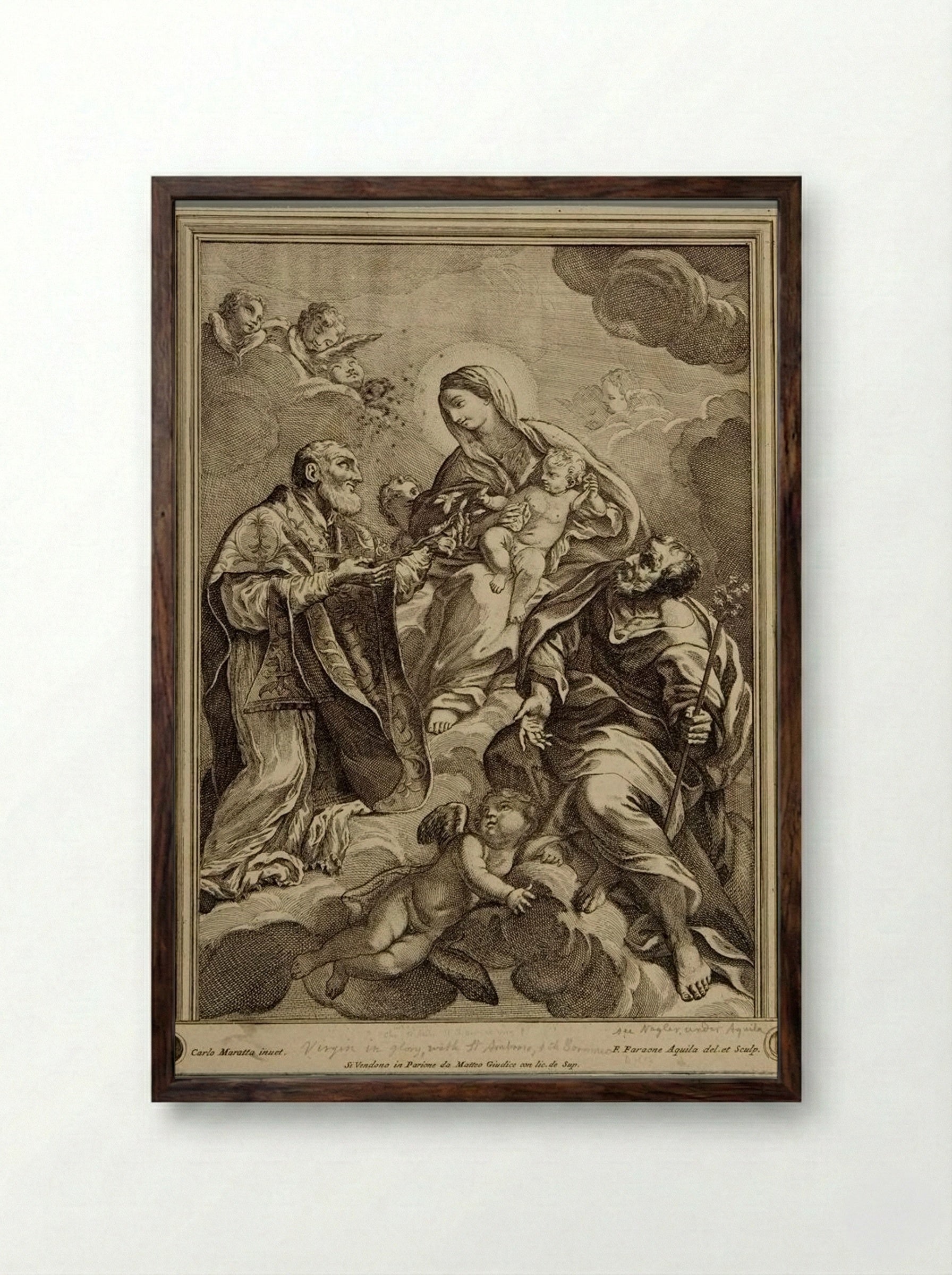 Madonna and Child in Clouds with Saints - Francesco Faraone Aquila - Framed Print Dark Wood